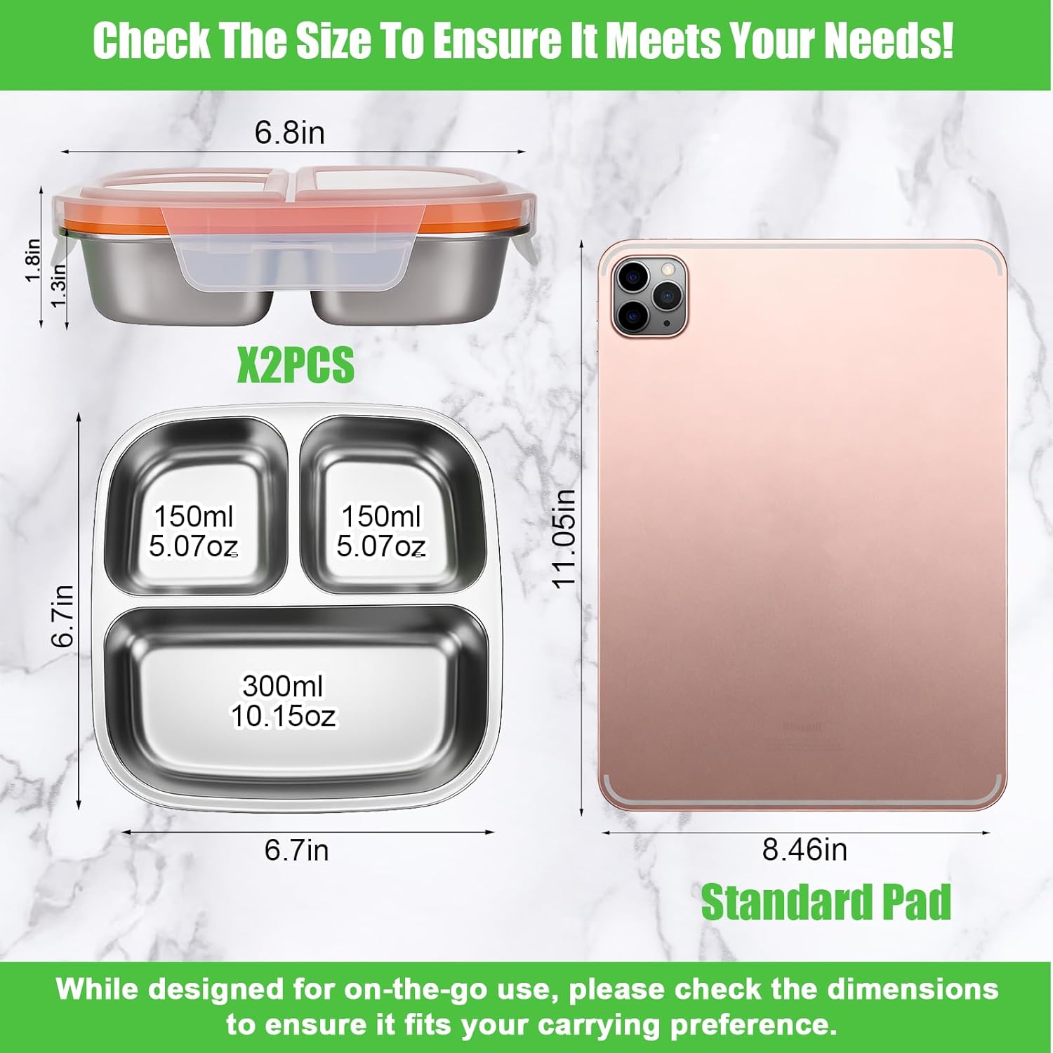 Palksky Snackle Box Container Stainless Steel, 2Pack Reusable Snack Bento Box with Lids, 3 Compartments Metal Food Storage Containers for Picnic, Travel - Image 2