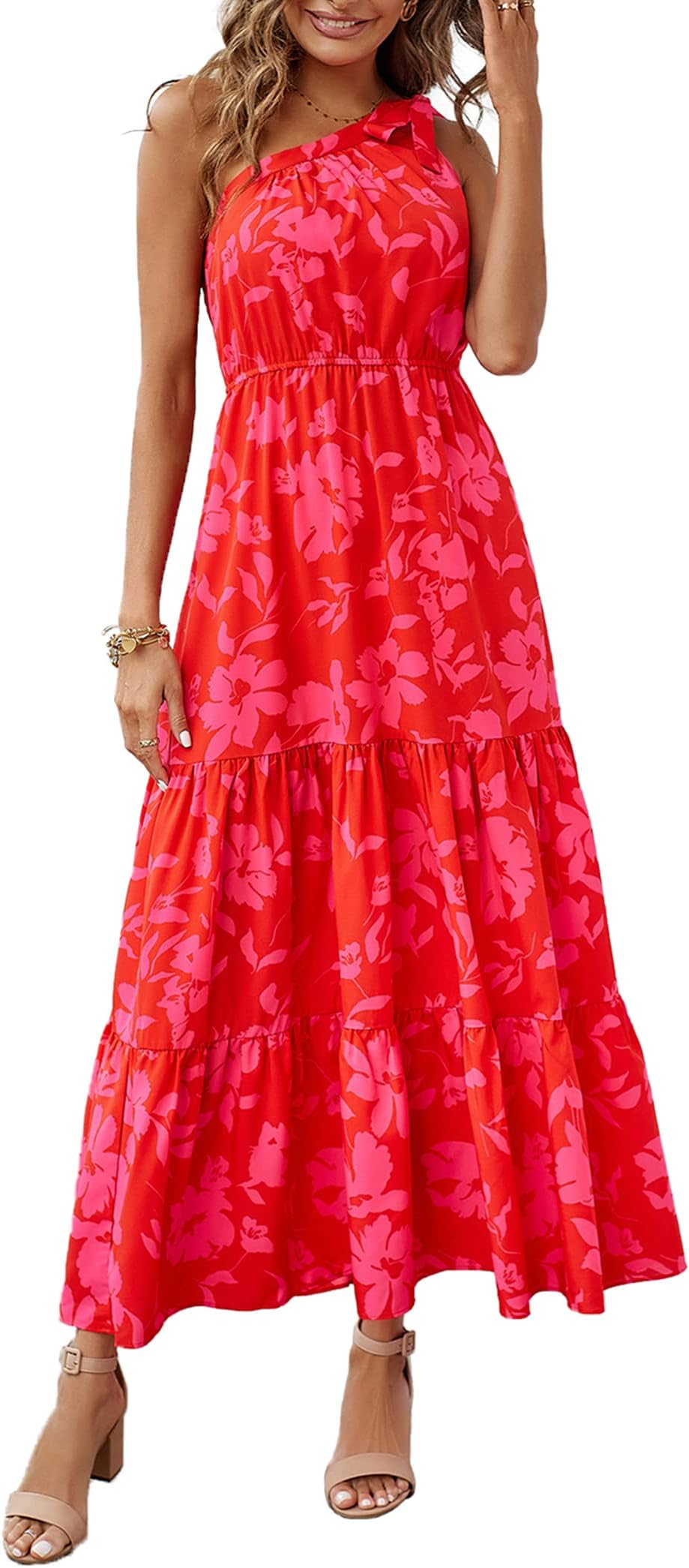 Women's Summer Floral One Shoulder Maxi Dress Knot Ruffle Boho Beach Vacation Wedding Guest Long Sun Dresses