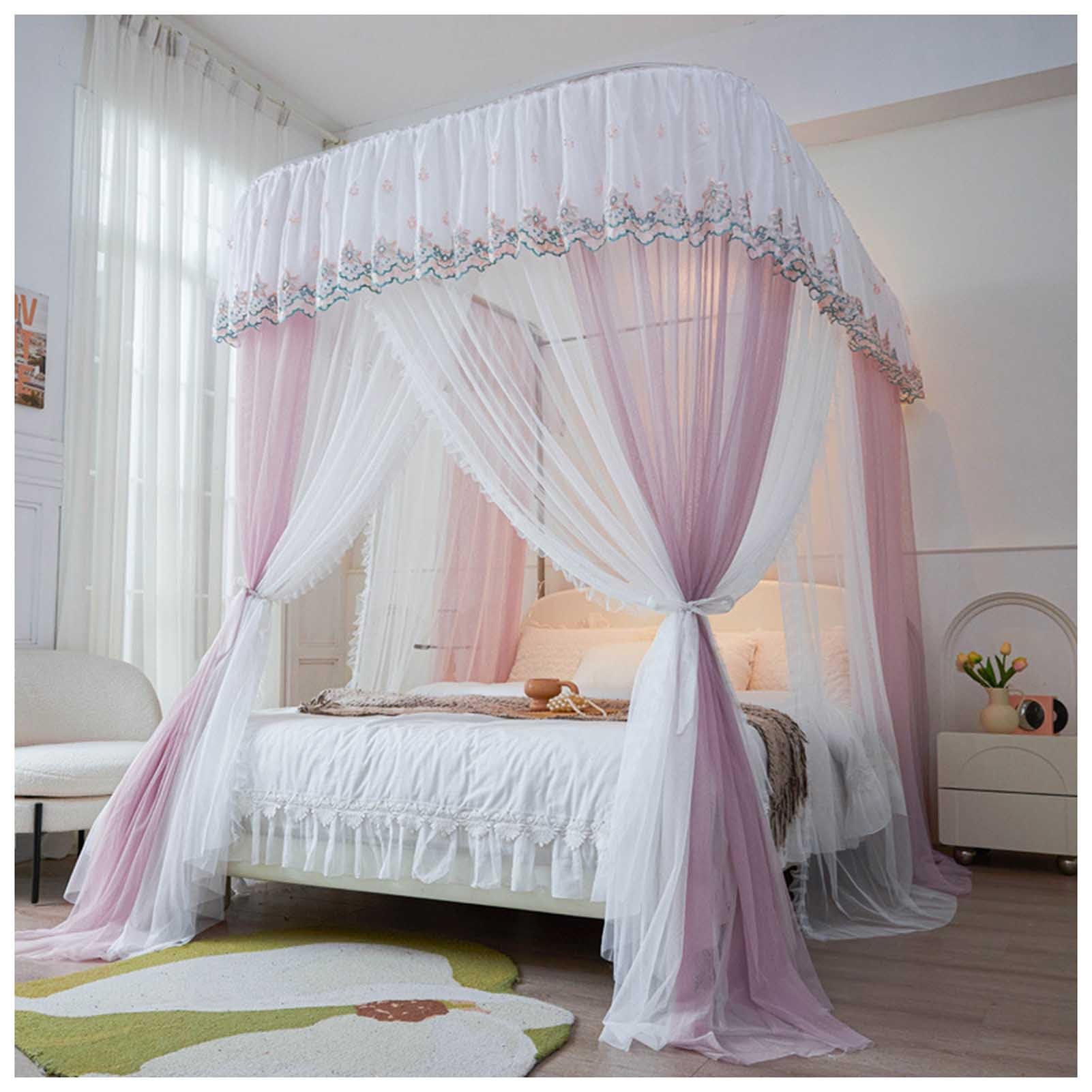 Generico Lussuosa zanzariera Rosa a baldacchino per Letto, con Doppia Decorazione a Volant, in Rete e Tessuto, Perfetta per arredare la Camera da Letto, 150x200 cm, Elegante Protezione dagli Insetti.