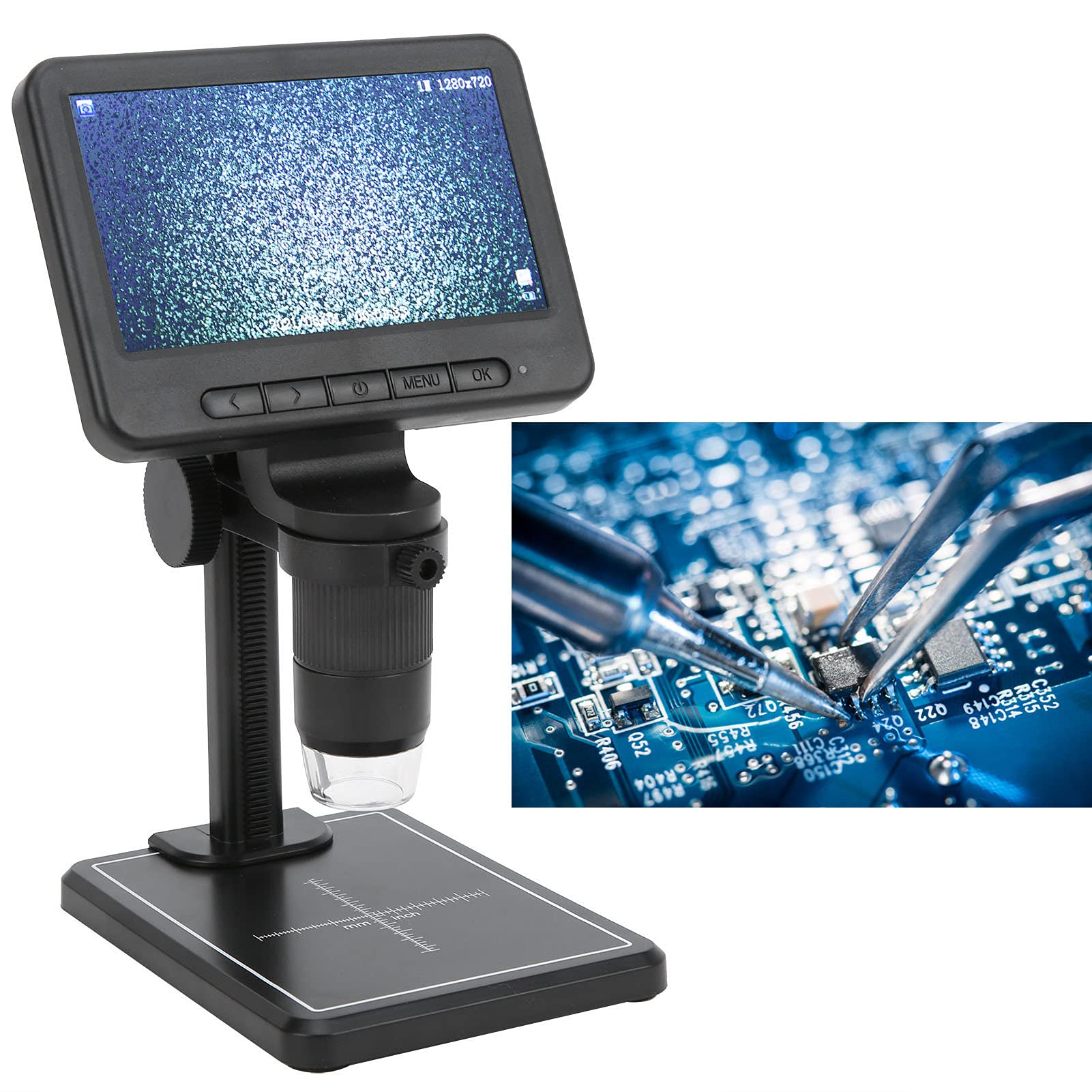 Cocoarm Mikroskop Cyfrowy 1080P, Mikroskop Inspekcyjny ze Stopu Aluminium ABS z 5-calowym Ekranem HD, 8 Regulowanych Diod LED, Zoom 1000x, Złącze USB do Naprawy Płytek PCB Badania Dydaktyczne
