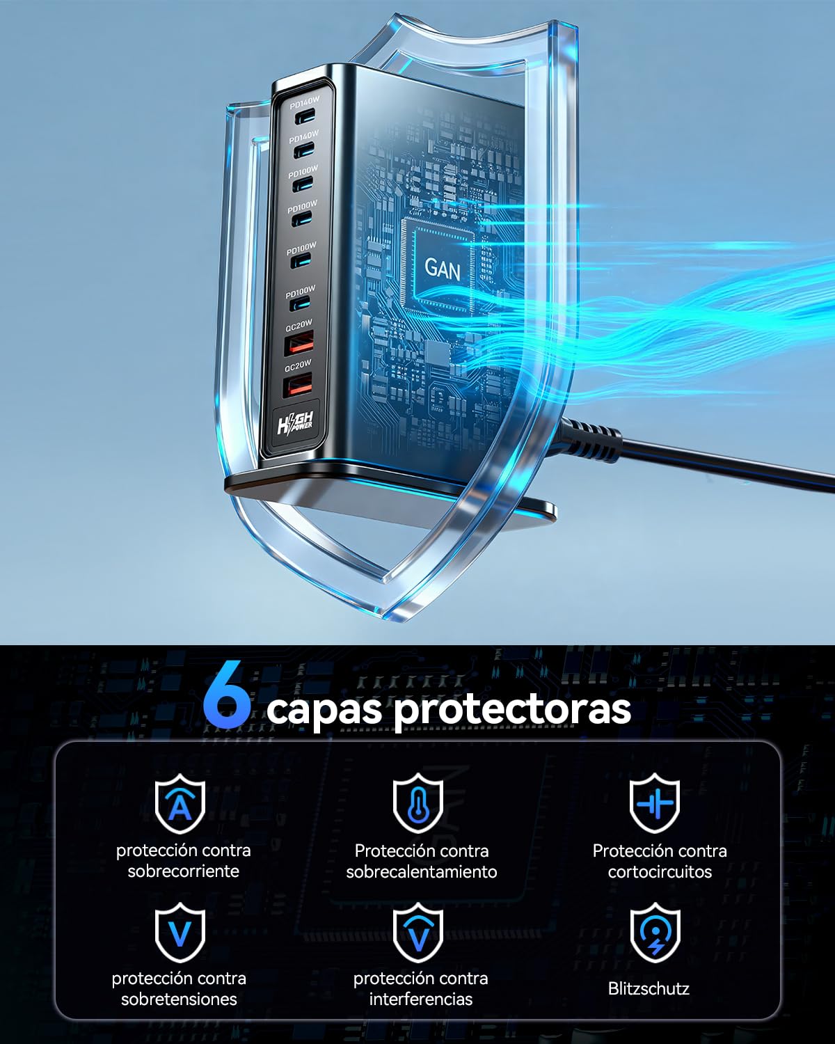 Cargador USB-C Rocoren de 720 W, estación de Carga rápida PD de 8 Puertos y 140 W con 4 USB-C y 2 USB-A, Adaptador de Corriente USB GAN para portátiles, MacBook, iPad, iPhone, Samsung y más