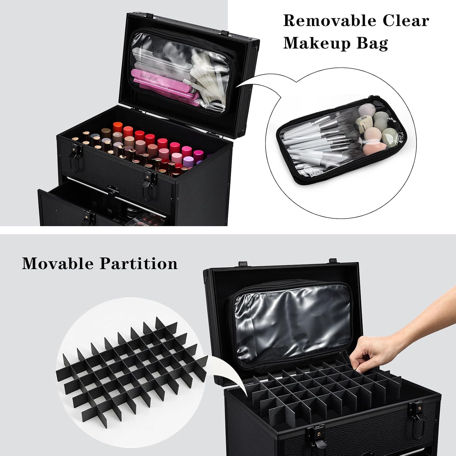 Rolling Makeup Train Case with 2 Extra Large Drawers Nail Organizer Case with Wheels Traveling Cosmetology Case with Makeup Pouch for Mobile Stylist Artists Nail Salon Cart Trunk Black
