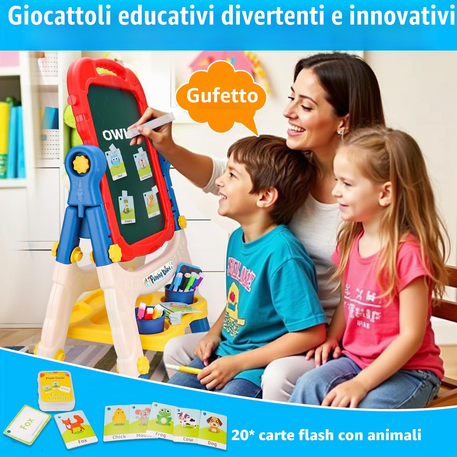 Lavagna per Bambini 4 in 1 con Lavagna Bianco Cancellabile, Lavagna Nera per Gessoi e Magnetica, Cavalletto Pitturai Regolabile Altezza, Giochi Educativi Regalo 2 3 4 5 6 Anni