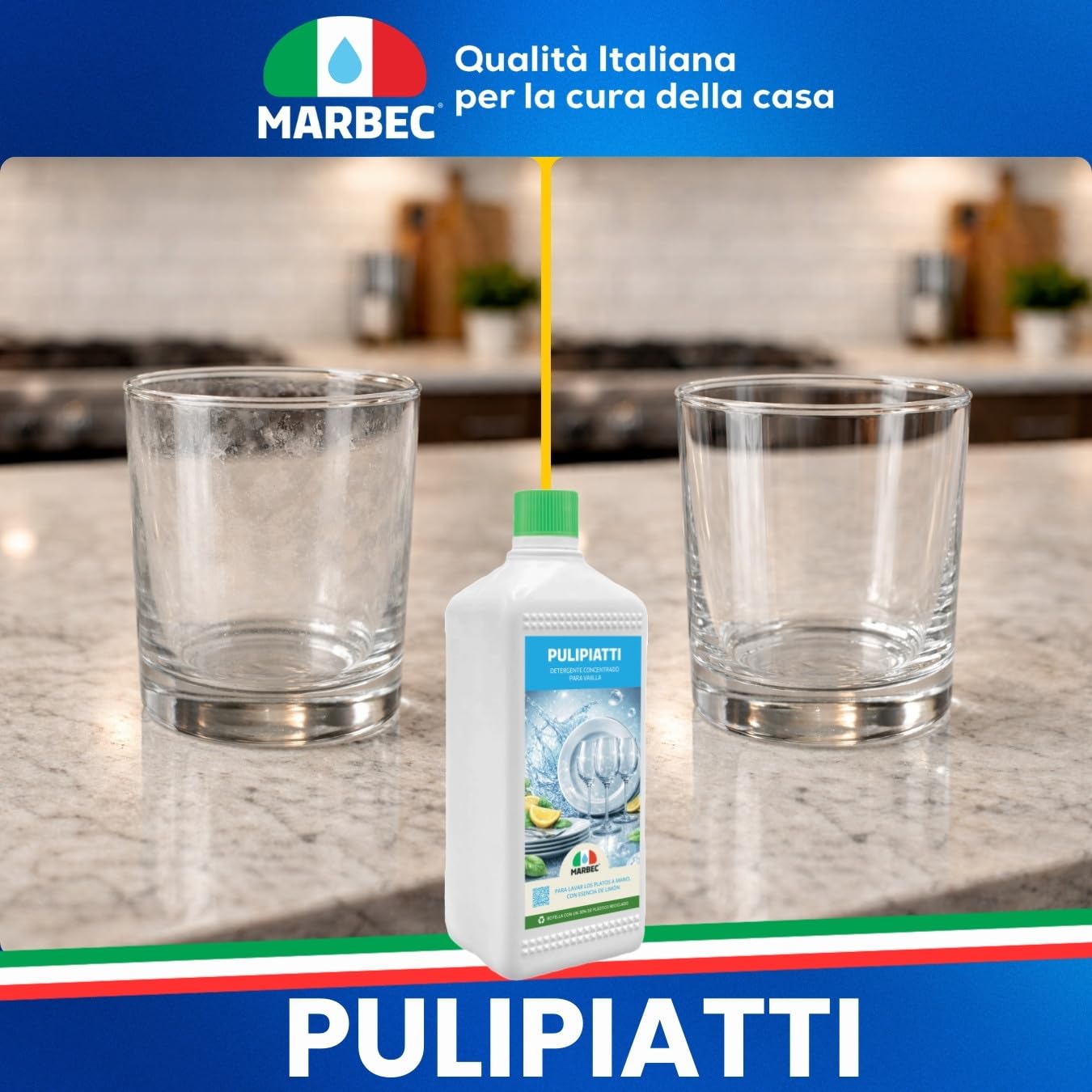 MARBEC PULIPIATTI 5LTx4UDS Detergente para platos concentrado, desengrasante eficaz en agua fría, enjuague rápido, fragancia de limón.