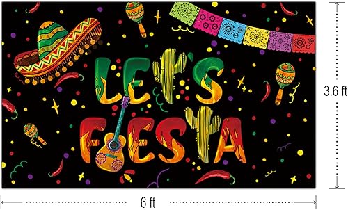 Miniatura 2 de Telón de fondo negro de Let's Fiesta Mexicana, 6 x 3.6 pies, decoración de fiesta de Let's Fiesta Luau Cinco de Mayo, decoración de cumpleaños,