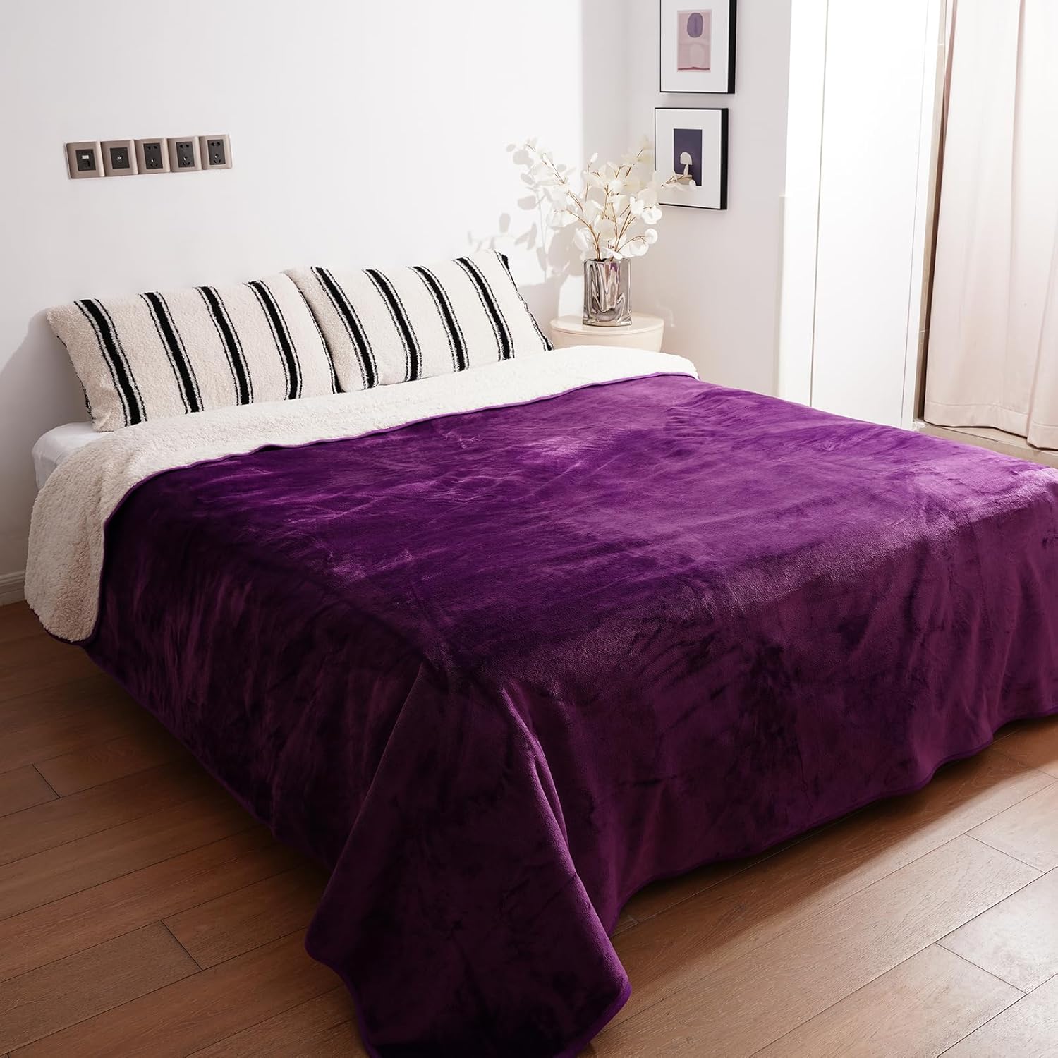 Sunsleek Waterproof Fleece Sherpa Blanket for Bed Sofa Couch Travel, Reversible Soft Throw Blanket for Dog Puppy Cat, Large Pet Blanket Furniture Protector (Purple,80x108 inches)