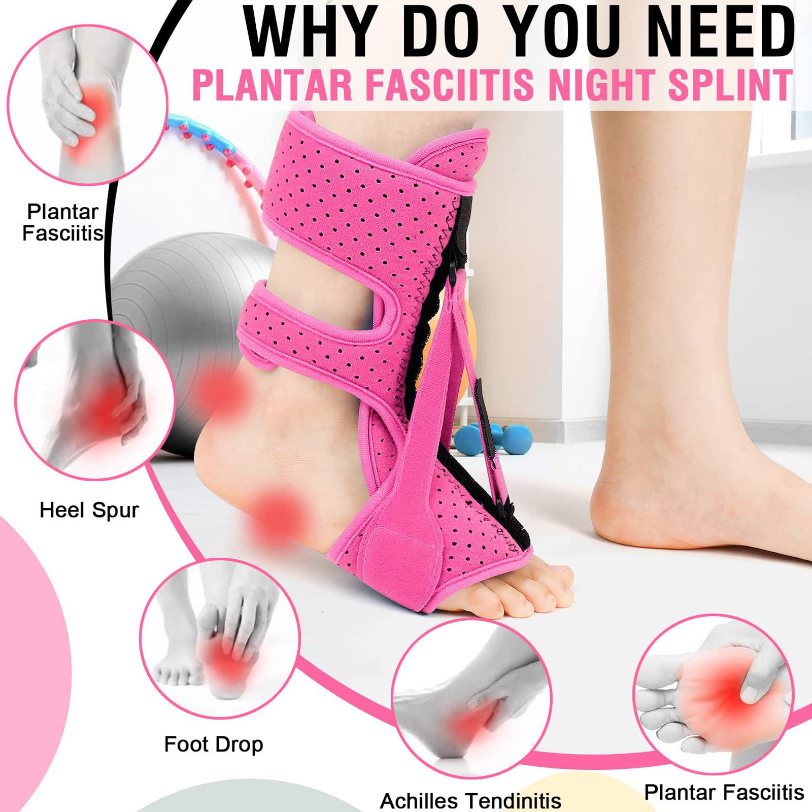Attelle de Nuit Plantar Fasciitis, Nouveau Avec 3 Attelles Ajustables Pour Fasciite Plantaire,Support de Fasciite Plantaire Respirant pour Pieds Plats, Talons, Cheville (Rose)