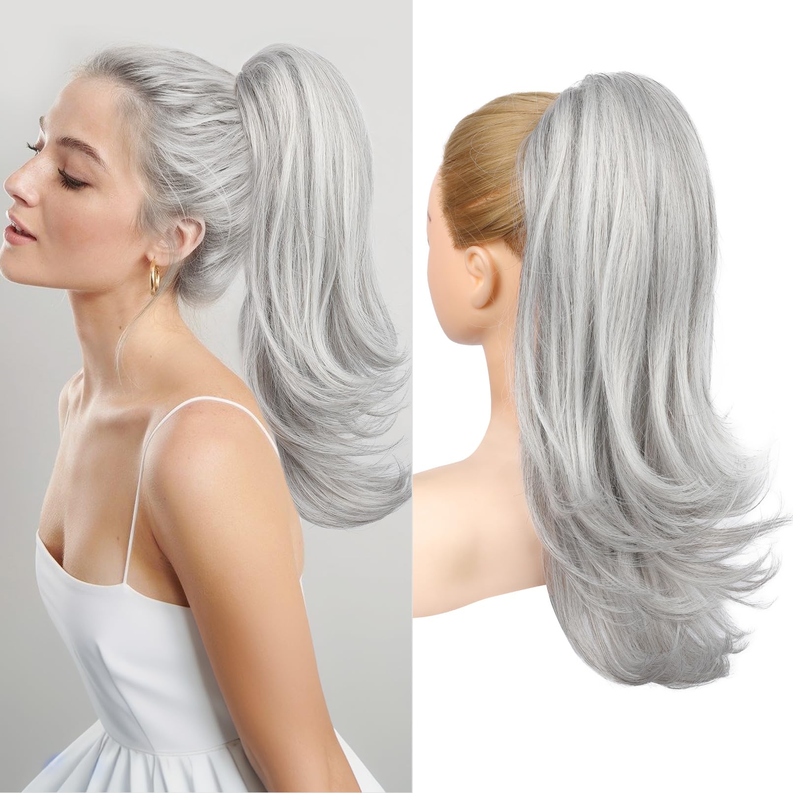 Flufymooz Ponytail Extension for Women, 20 Inch Drawstring Ponytail Hair Extension for Women, Soft Natural Looking Synthetic Pony Tails Hairpiece(Grey