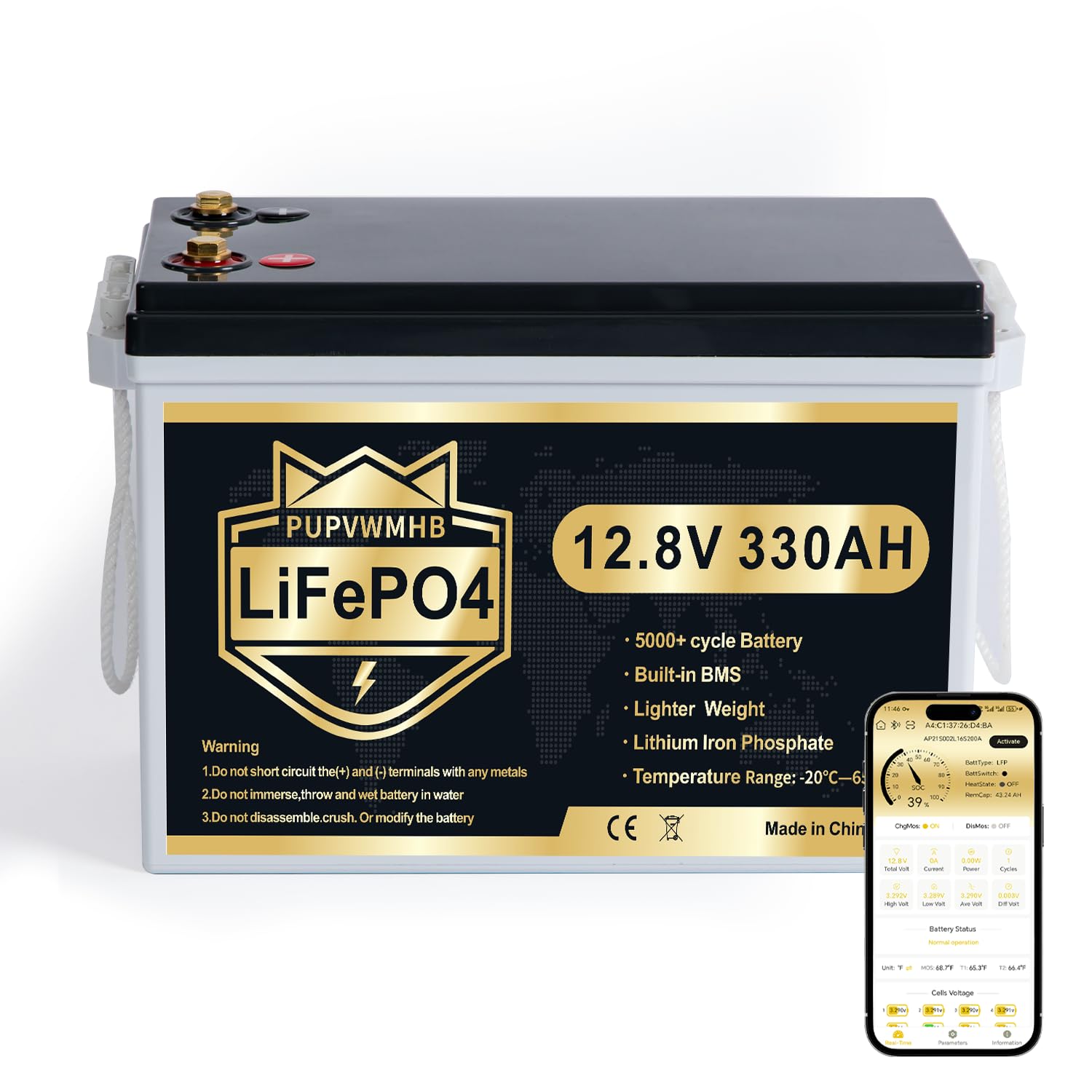 Batteria LiFePO4 12V 330Ah Bluetooth, BMS 200A, 15000 cicli, 4224Wh, protezione temperatura bassa, deep cycle, compatta, camper RV solare motore elettrico