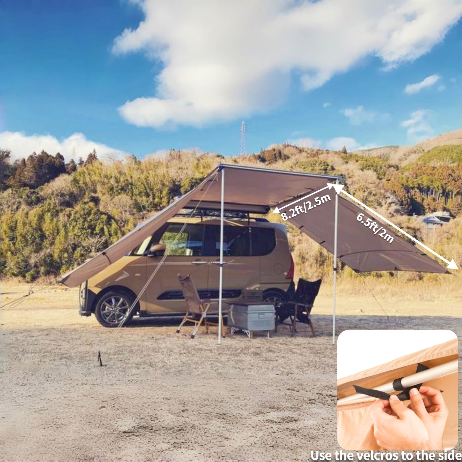 DANCHEL OUTDOOR Vehicle Overlanding Awning with Side Wall Windbreaks, Portable Car Awning Extension Shades Camper Shelter Camping(Khaki 8.2x8.2ft+2pcs 8.2x6.5ft)