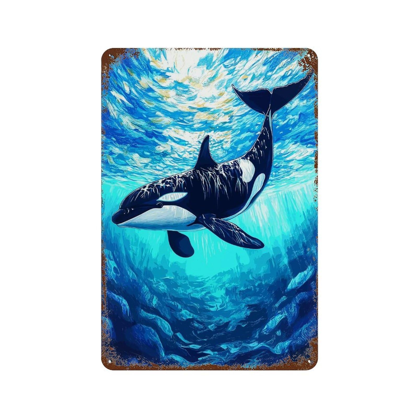 Orca Whale Underwater Illustration Distressed Metal Wall Sign 11.8"x7.9", for Basement, Hobby Room And Garage Decor, Shabby Chic Decor