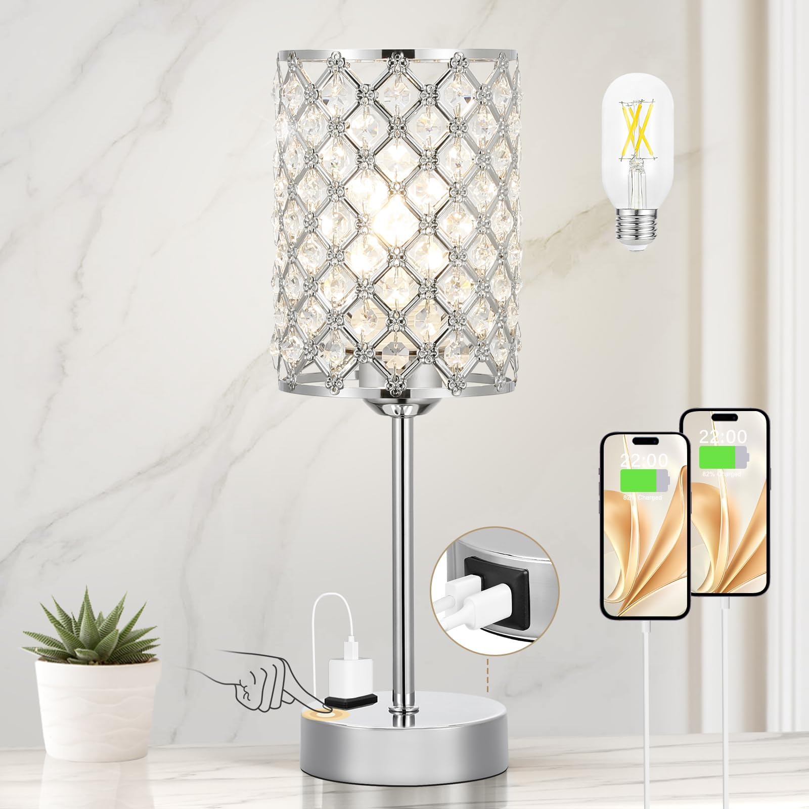 Hong-in Crystal Table Lamp, Crystal Lamp Touch Control with USB-C USB-A Charging Ports & AC Outlets, 3 Way Dimmable Bedside Lamp-Nightstand Lamp Modern Light for Bedroom, Living Room, Bulb Included