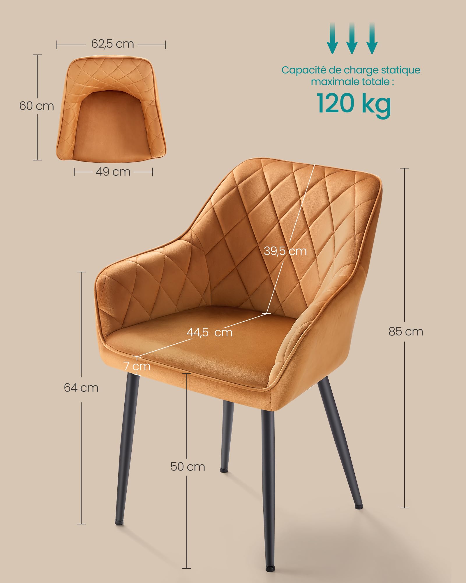 SONGMICS Chaise Salle à Manger, avec Accoudoirs, Revêtement en Velours