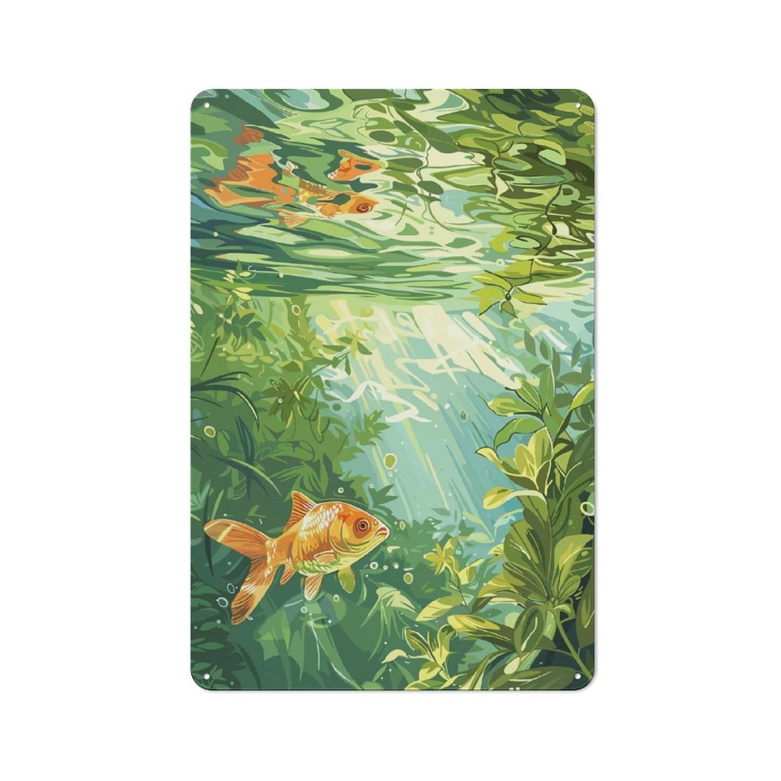 Junmoney Style Goldfish In Lush Pond Tin Sign 30X20cm, Vintage Home Bar Decor For Cafe, Pub, Workshop Or Home Bar, For Relaxed Wall Styling