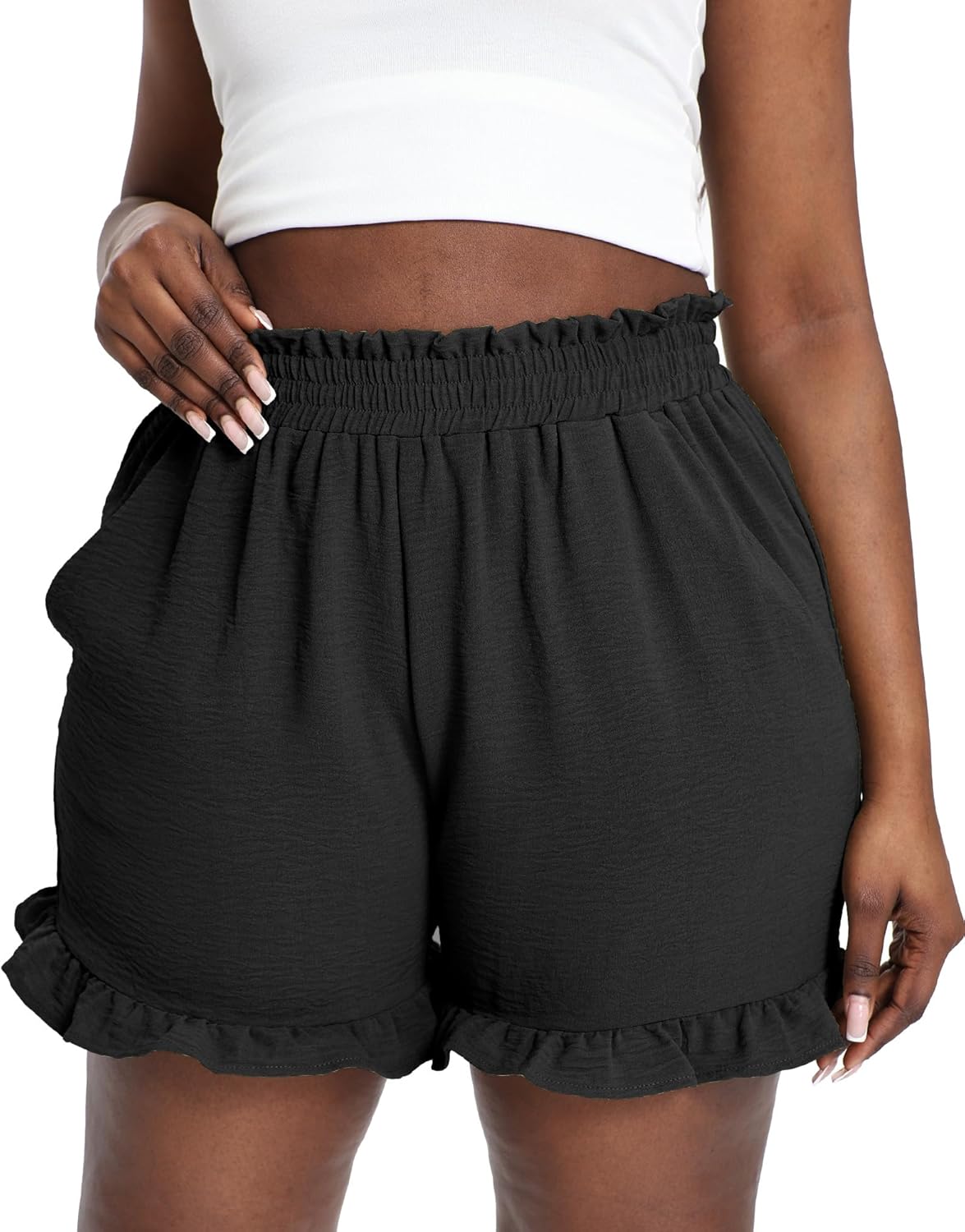 Women Plus Size Lounge Shorts High Waisted Summer Casual Loose Ruffle Hem Beach Vacation Boho Shorts with Pockets - Image 4