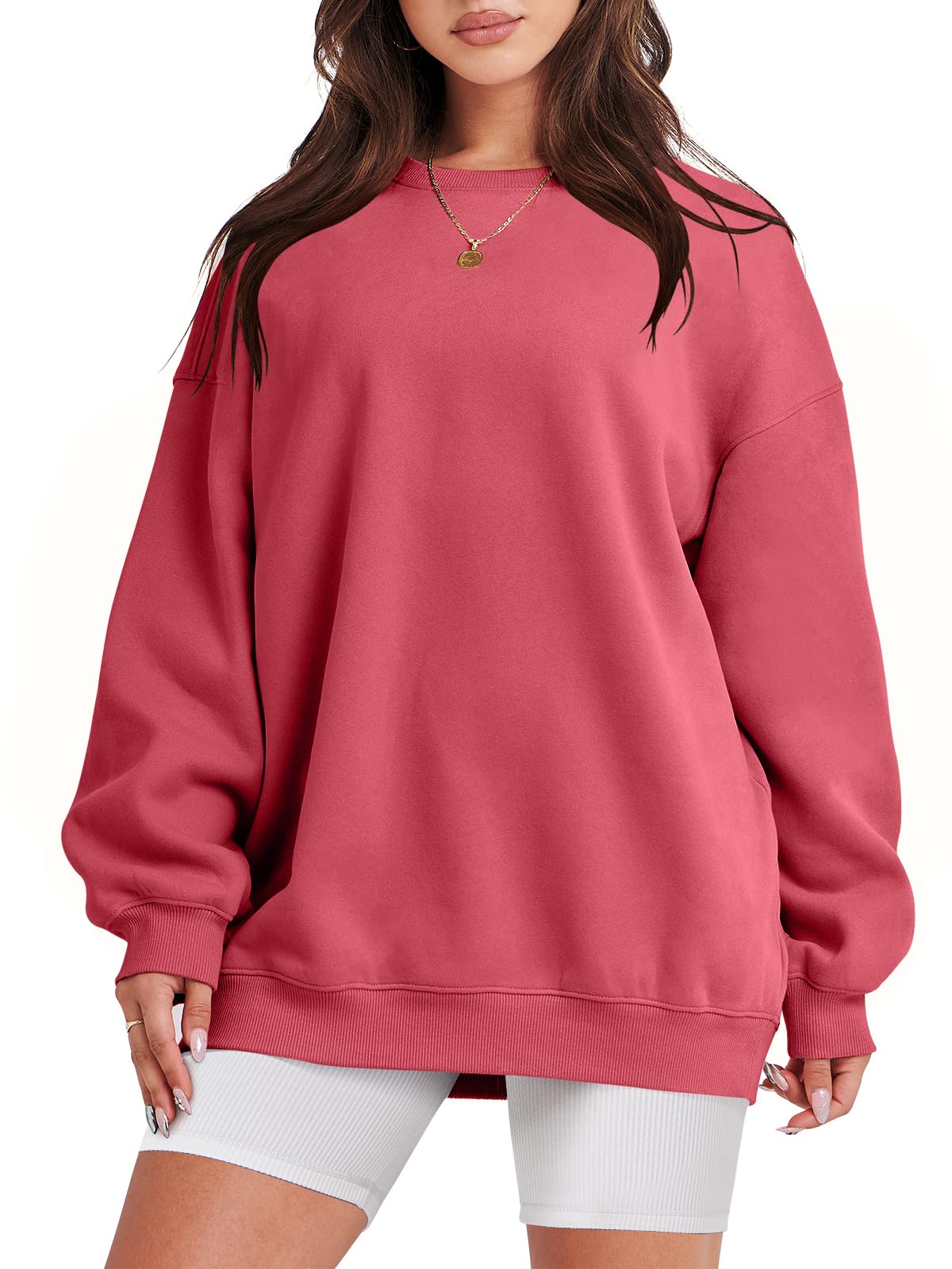 Damskie bluzy oversize bluzy z kapturem polar okrągły dekolt sweter top codzienne jesienne stroje preppy ubrania nastolatki 2024 A1019 światło, Jeden kolor, Peachy_M