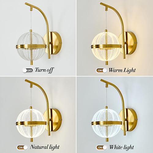 Miniatura 4 de UOFUS Aplique de pared dorado con pantalla acrílica de globo de mediados de siglo, moderna lámpara de pared LED de 12 W, 3000 K/4000 K/6000 K,