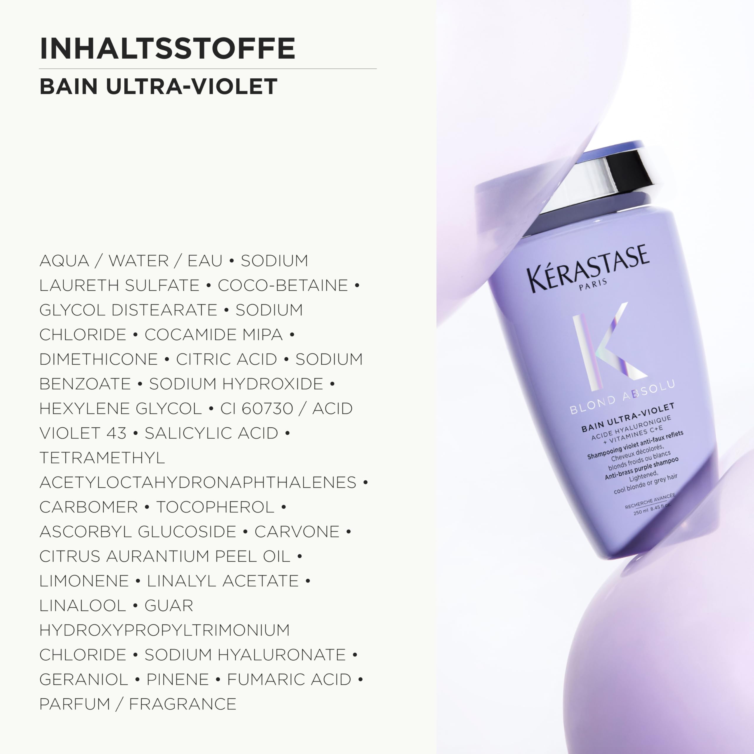 Kérastase Anti-Gelbstich Shampoo für strapaziertes und ausgeblichenes Haar, Haarbad mit Hyaluronsäure, Bain Ultra-Violet, Blond Absolu, 250 ml
