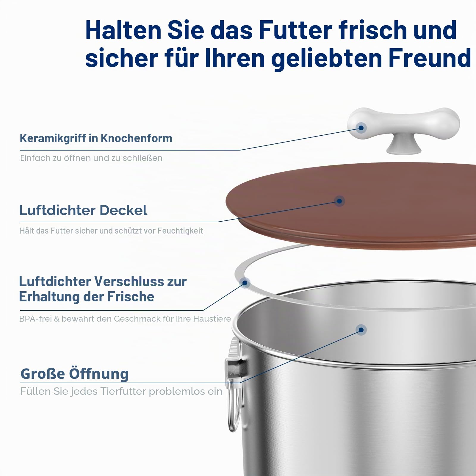 Paw Libero 25 lbs Edelstahl-Hundefutterbehälter mit luftdichtem Deckel und Keramikgriff in Knochenform, großer Metallbehälter für Hunde- und Katzenfutter, hält frisch, leicht zu reinigen