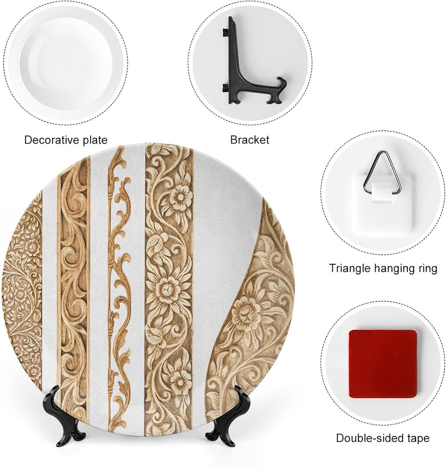 XISUNYA 8 Inch Decorative Plate, Earth Tones Ceramic Plate, Vertical Borders with Flower Motifs Print Ceramic Wall Hanging for Home Office Party Dinner Table Decor