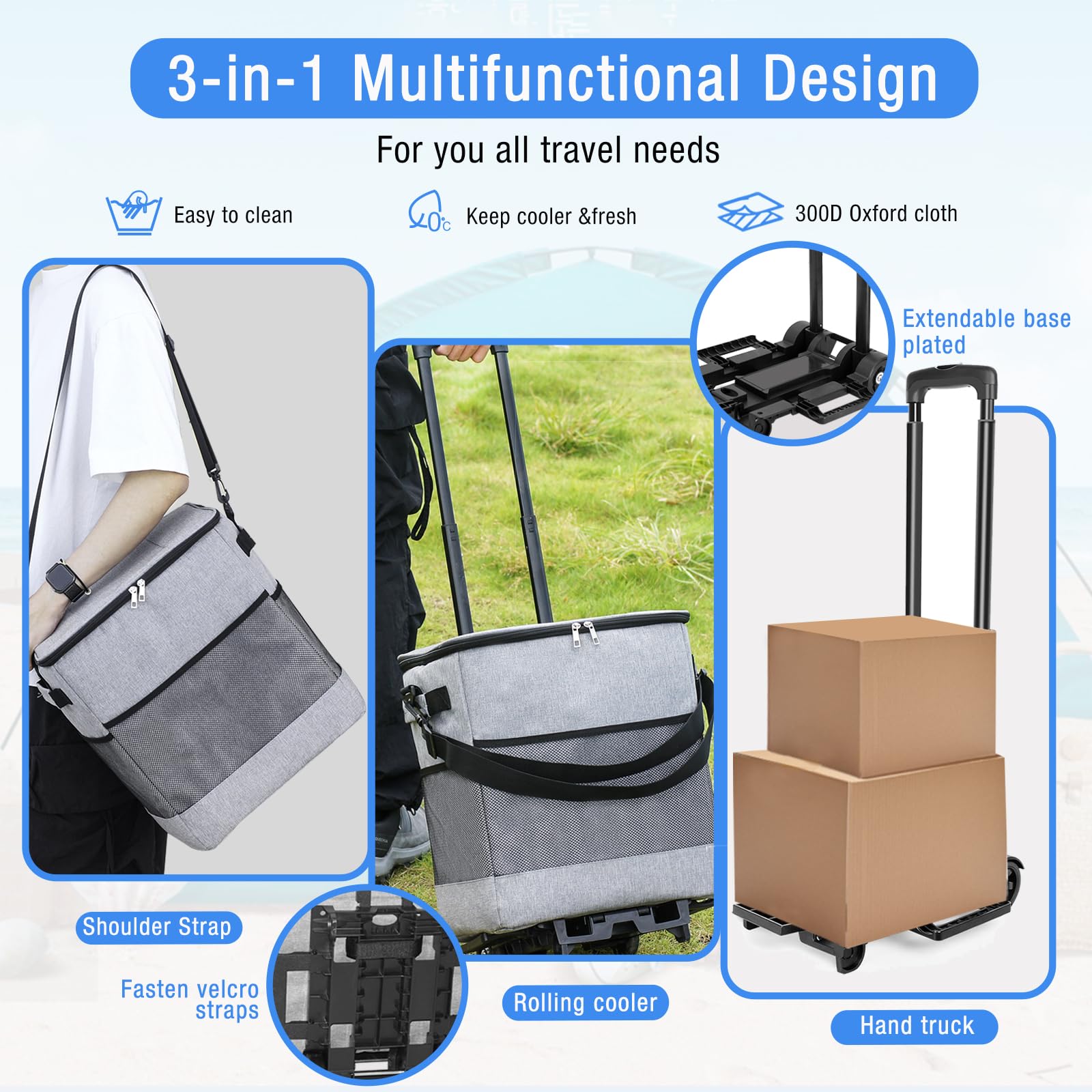 ZHJINGYU Kühlbox mit Rollen mit Picknicktasche & Kühltasche groß - 40L Kühlbox Faltbar mit Räder | bis zu 20h Kühldauer für Picknick Camping Strand BBQ | Großer Kühlwagen für 60 Dosen mit verstellbaren Rädern, tragbare Thermotasche für Reisen, Strand, Cam
