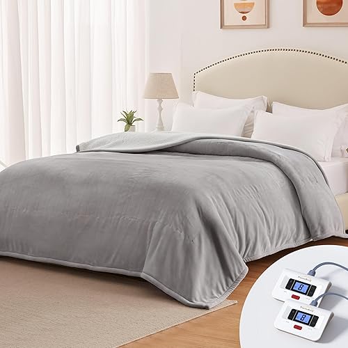 Manta térmica eléctrica tamaño Queen con doble control, 12 horas de apagado automático y 10 niveles de calefacción, manta de franela suave Sherpa de
