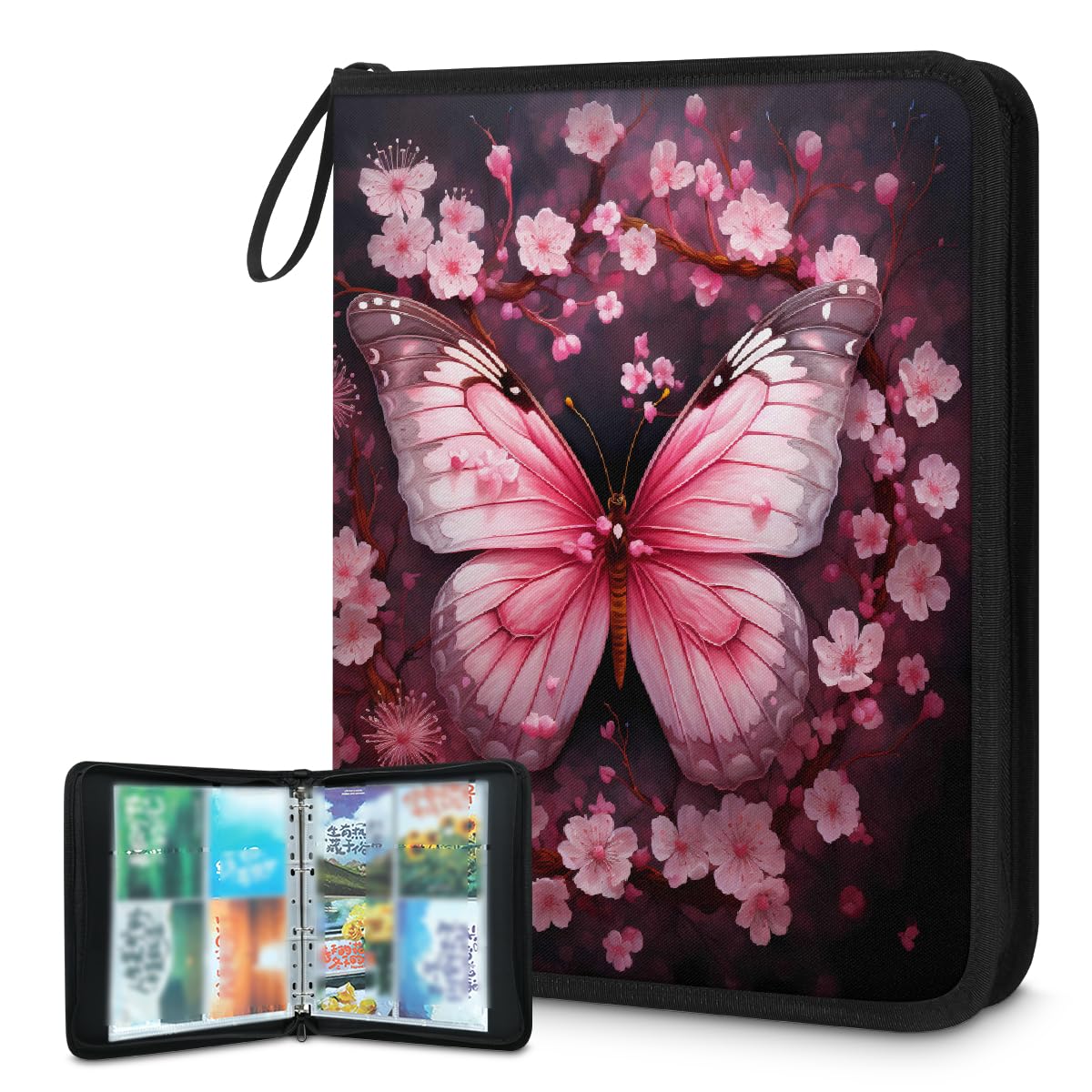 Raccoglitore per carte collezionabili con 4 tasche, rosa, farfalla e fiori, raccoglitore per carte con fiori di ciliegio, con maniche rimovibili, impermeabile, con cerniera, 50 pagine, capacità 400