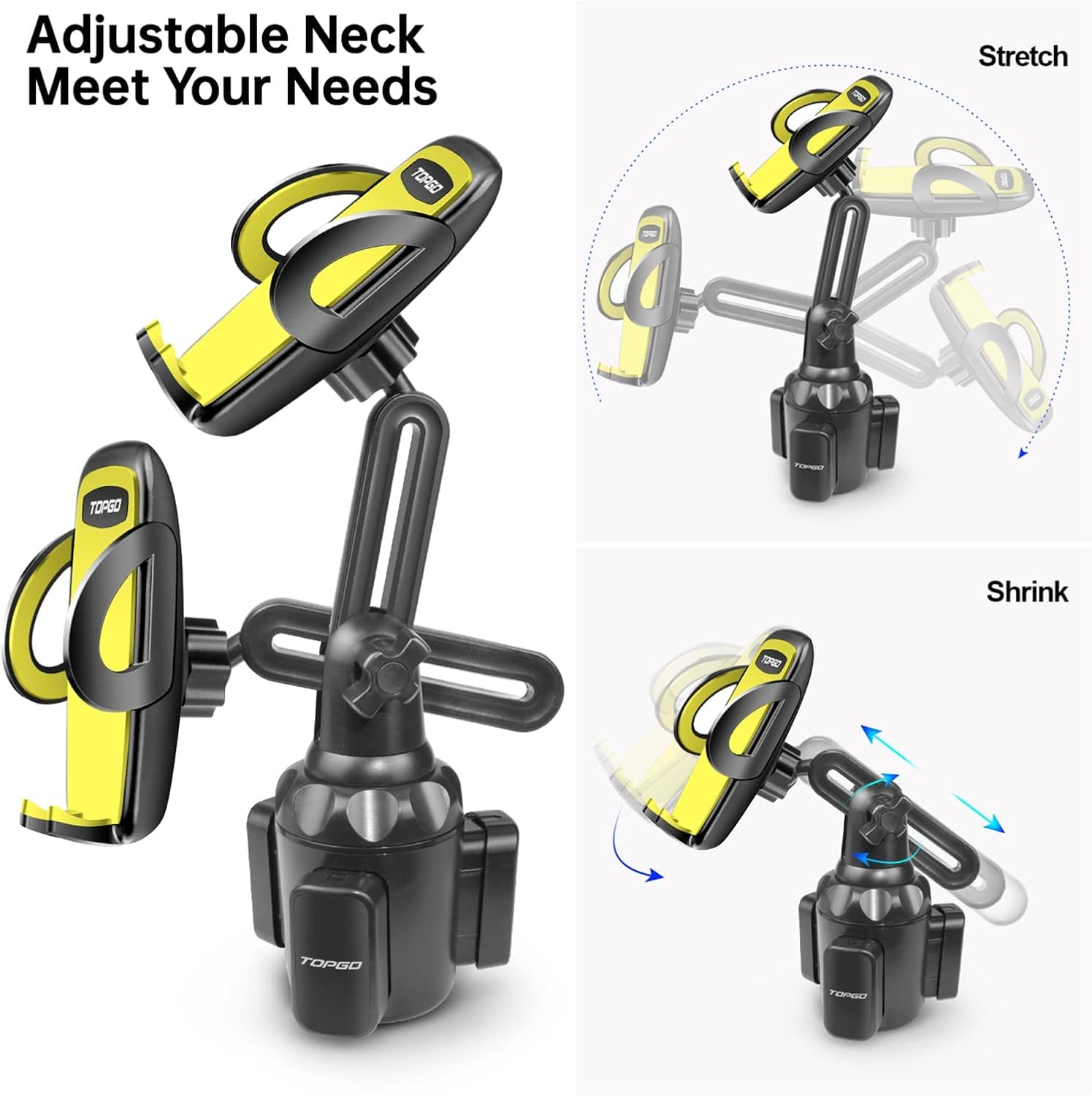 TOPGO Car Cup Holder Phone Mount Adjustable Pole Car Cup Holder Smart Phone Cradle Car Mount for iPhone 11 Pro/XR/XS Max/X/8/7 Plus/6s/Samsung S10/Note 9/S8 Plus/S7 Edge (Y) Yellow, 11 inches