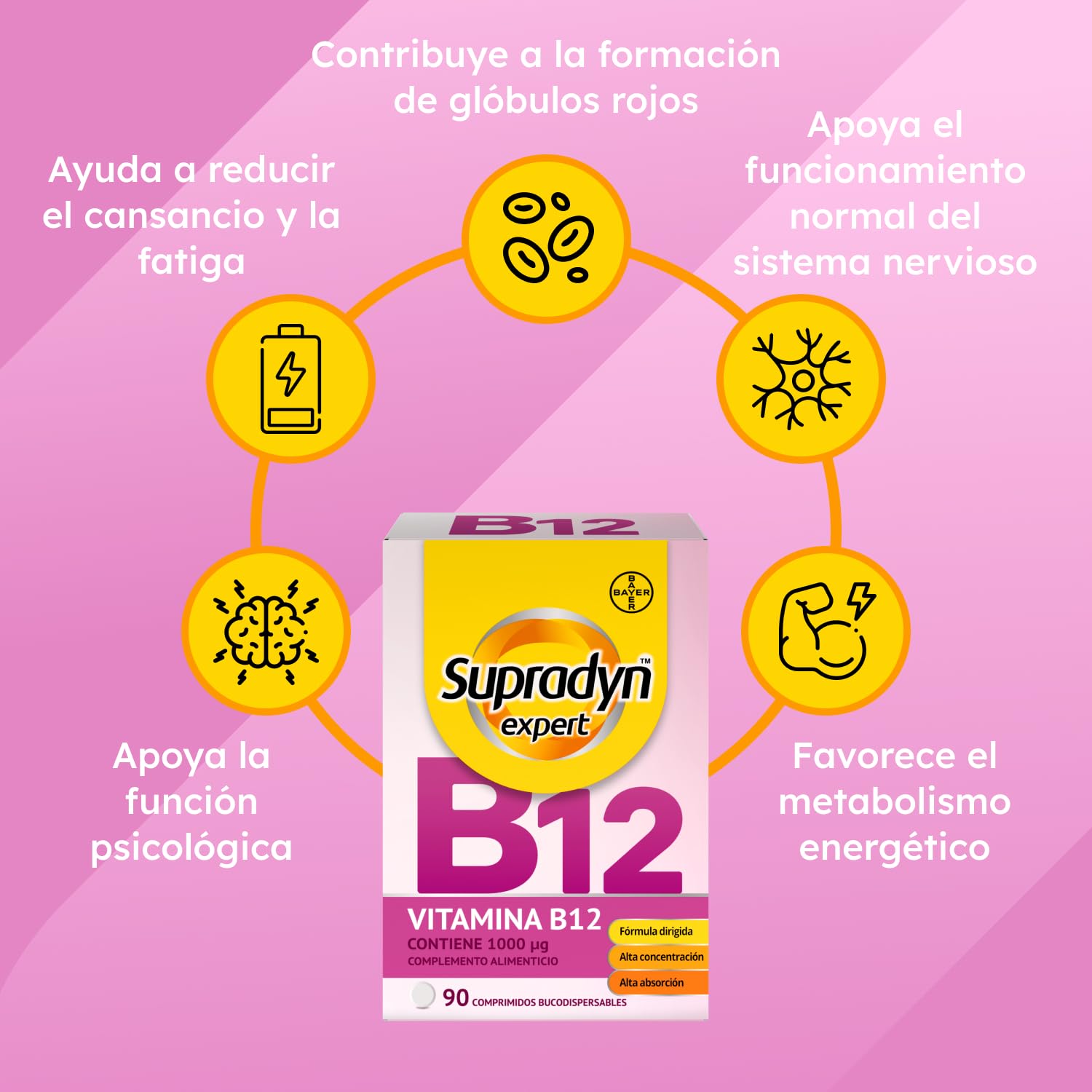 Supradyn Expert Vitamina B12 1000 µg Metilcobalamina Pura 90 Comprimidos Bucodispersable Suplemento Energía Memoria Sistema Nervioso Vegano Sin Gluten
