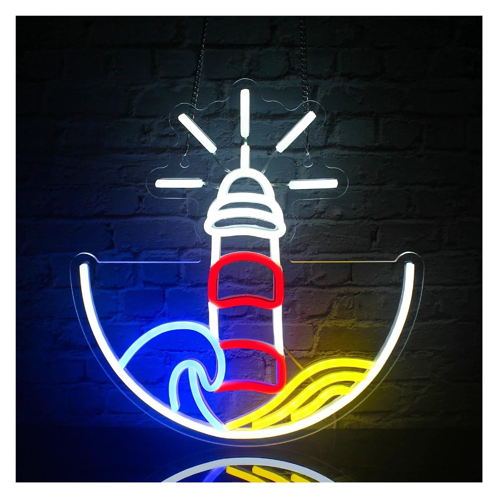 LEMST Signs Lamp Lighthouse Neon Sign Wave Seaside Lighthouse Neon Light Signs for Wall Bedroom Neon Wall Decor Sign 34x32cm