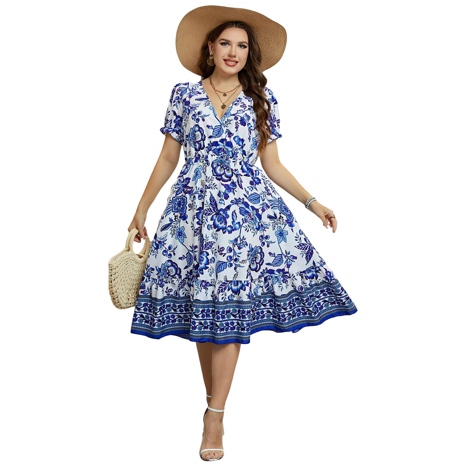Plus Size Donne Fiore Stampa V-Neck A-Line Abiti Eleganti Increspature Maniche Corte Abito Del Partito Casual Lady Vacanza, HUTALIM, Blu, 4XL