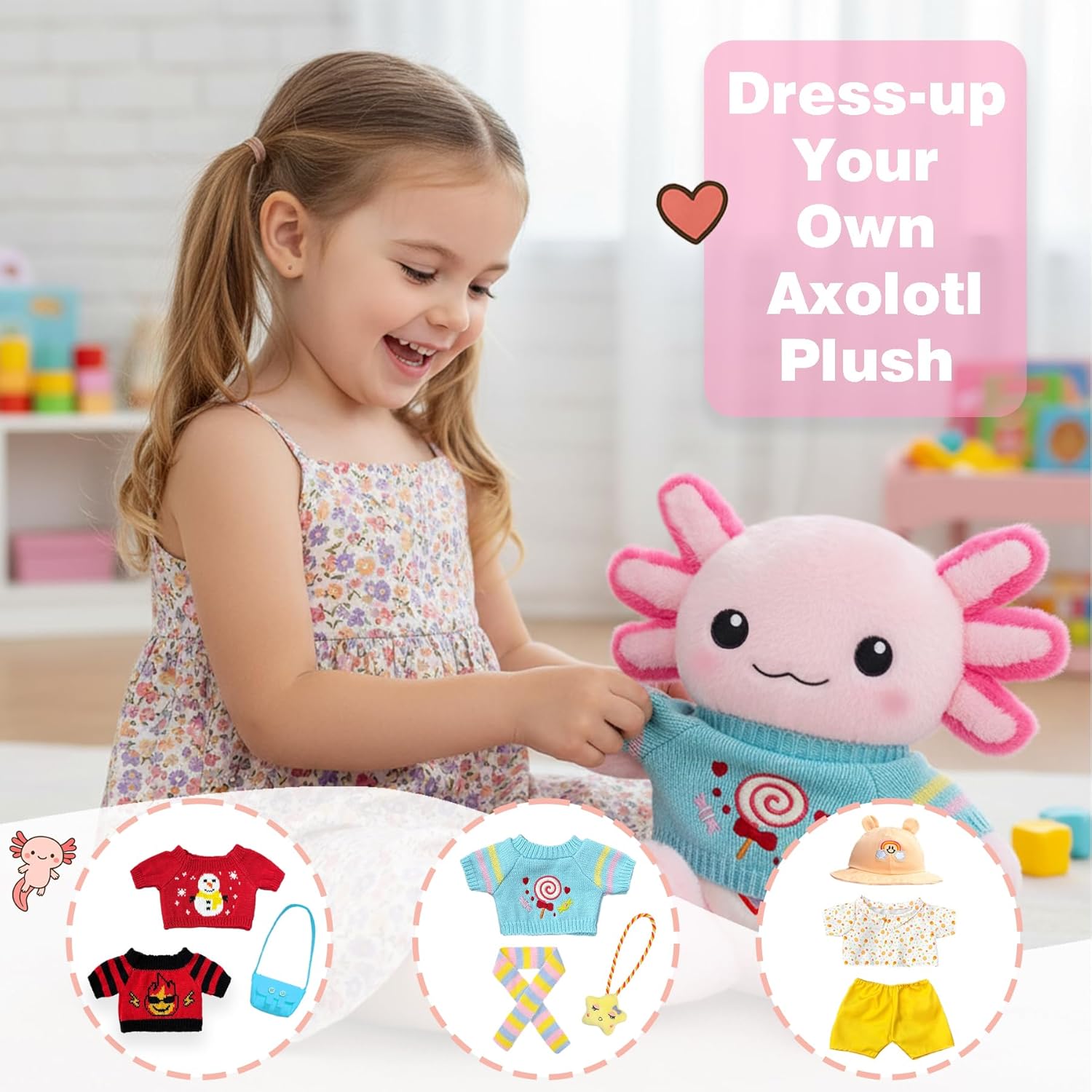 Axolotl Plush with 9 Pcs of Axolotl Stuffed Animal Clothes and Accessories,Gifts Ideas for Girls Ages 3 to 12(14-inch) (Pink)
