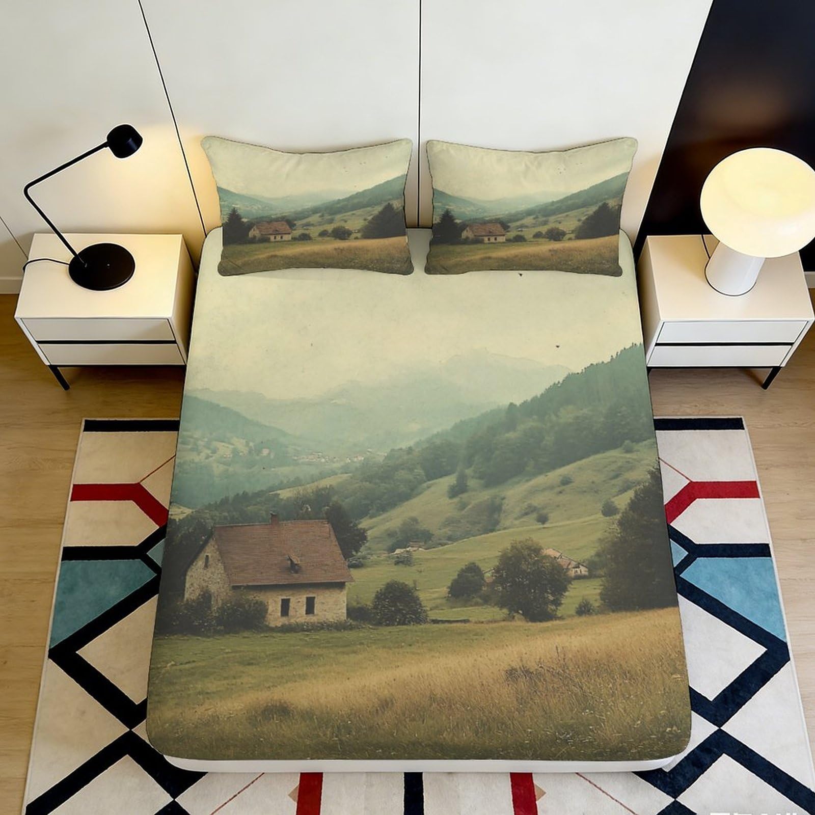 3D Printed Countryside Landscape Fitted Sheet Microfiber Scenic Mountain View Mattress Cover for Bedroom Guest Room Decor 160x200x25cm