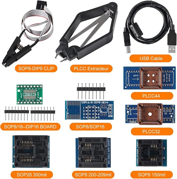 T48 TL866-3G Programmer Support 31000+ ICS for EPROM/MCU/SPI/Nor/NAND Flash/EMMC/IC Tester/ TL866CS TL866II Plus Replacement with 9 Adapter(T48 Programmer Host+ 9 Adapter)