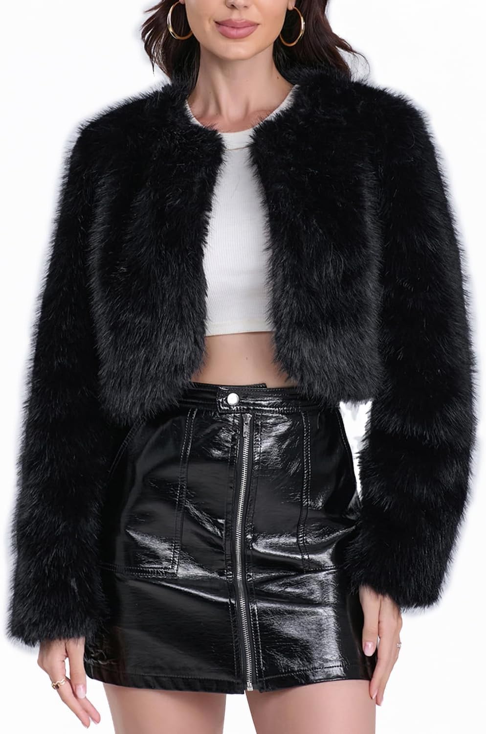 Women's Faux Fur Cropped Coat Long Sleeve Open Front Winter Jacket - Image 2