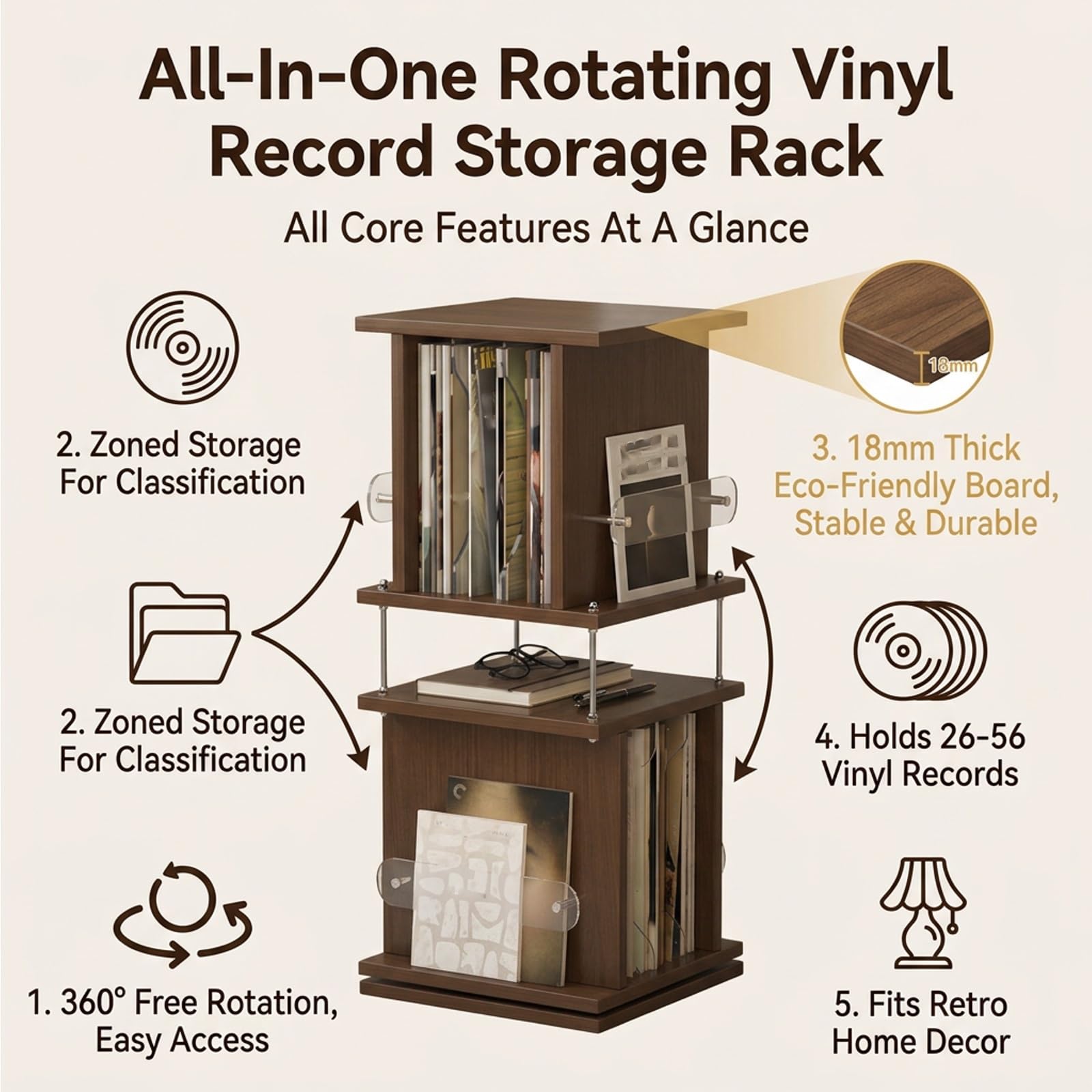Portadischi vinile rotante 3 livelli in legno, mobile giradischi. | Mobile porta CD e cassette, rack audio con tubi in acciaio rinforzati per casa.(White)