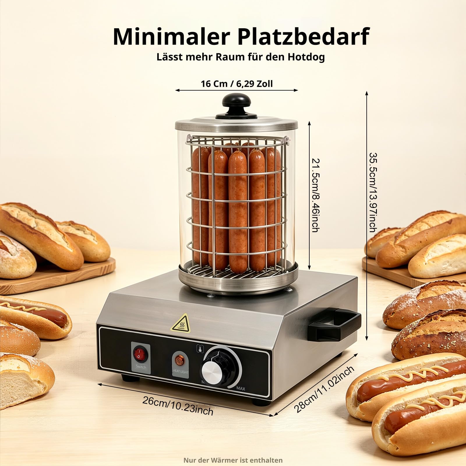 Würstchenwärmer Elektrischer Hot Dog Maker Maschine 220V Wurstkocher, 0～85℃Einstellbare Temperatur Got Dog Dampfer für westliche Restaurants, Fast-Food-Läden, Cafés