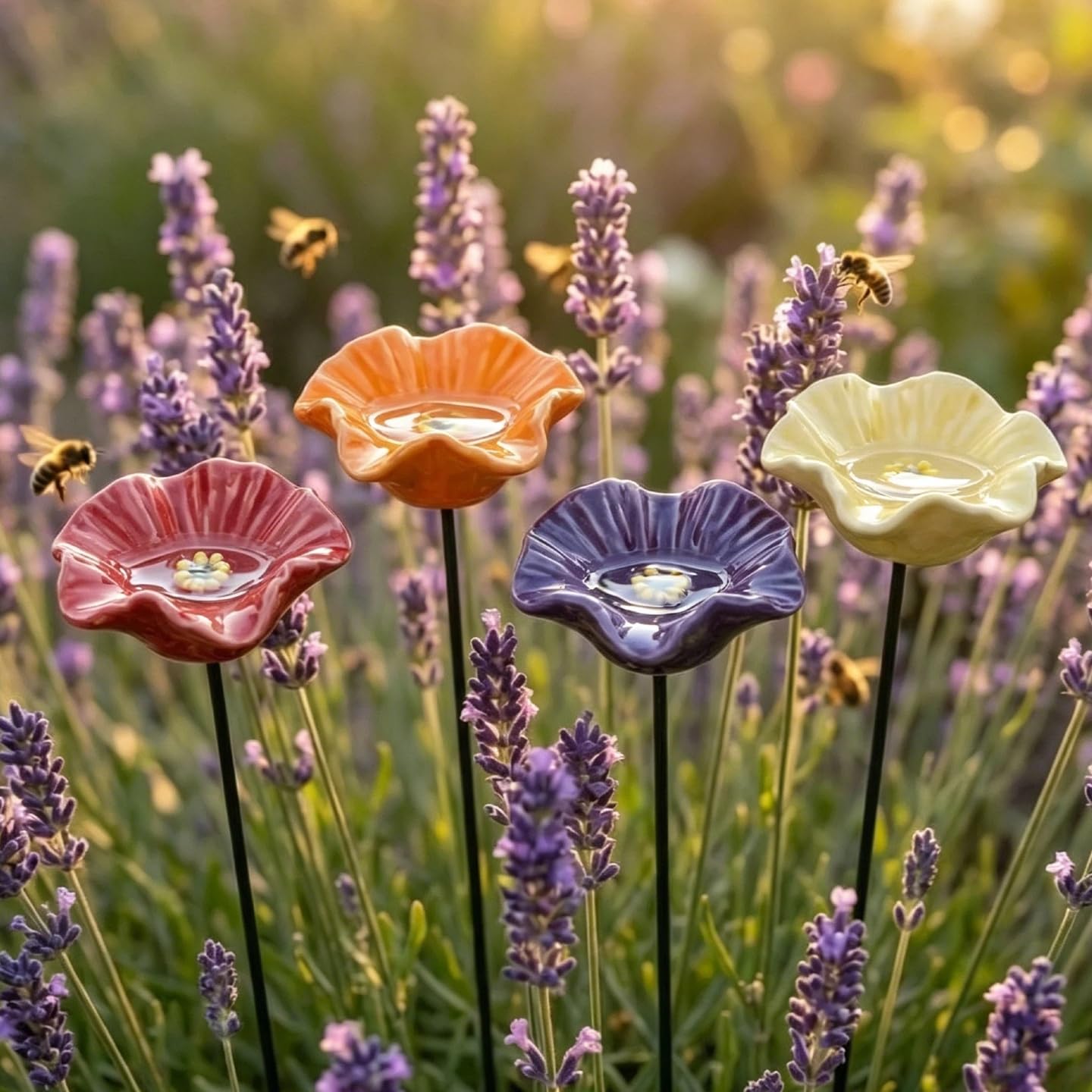 Mini Bee Watering Station, Handmade Ceramic Flower Bee Bath for Garden – Attract Butterflies & Pollinators – Colorful Outdoor Gardening Stakes for Yard, Patio, Butterfly Garden, Gardening Essentials