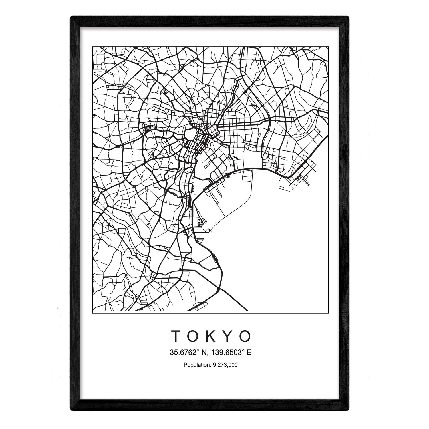 Nacnic Blade Tokyo city map Nordic style black and white. A3 size poster Framed with black frame Printed paper 250 gr. Paintings, prints and posters for living room and bedroom โ image 1