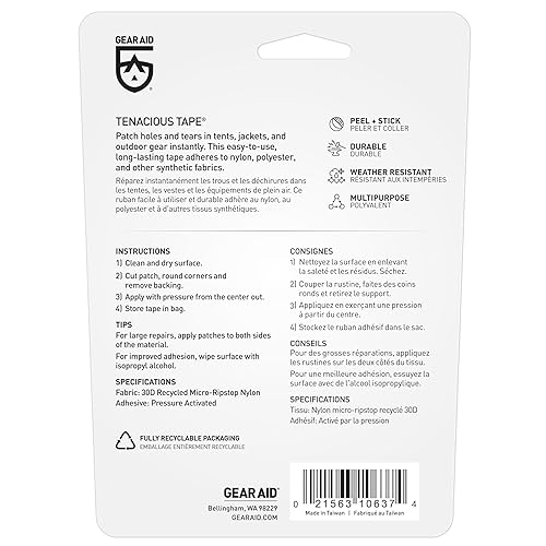 Miniatura 3 de GEAR AID Tenacious Tape - Cinta de reparación de equipo de vinilo y tela micro-Ripstop de 3 x 20 pulgadas, arregla rápidamente agujeros y rasgaduras