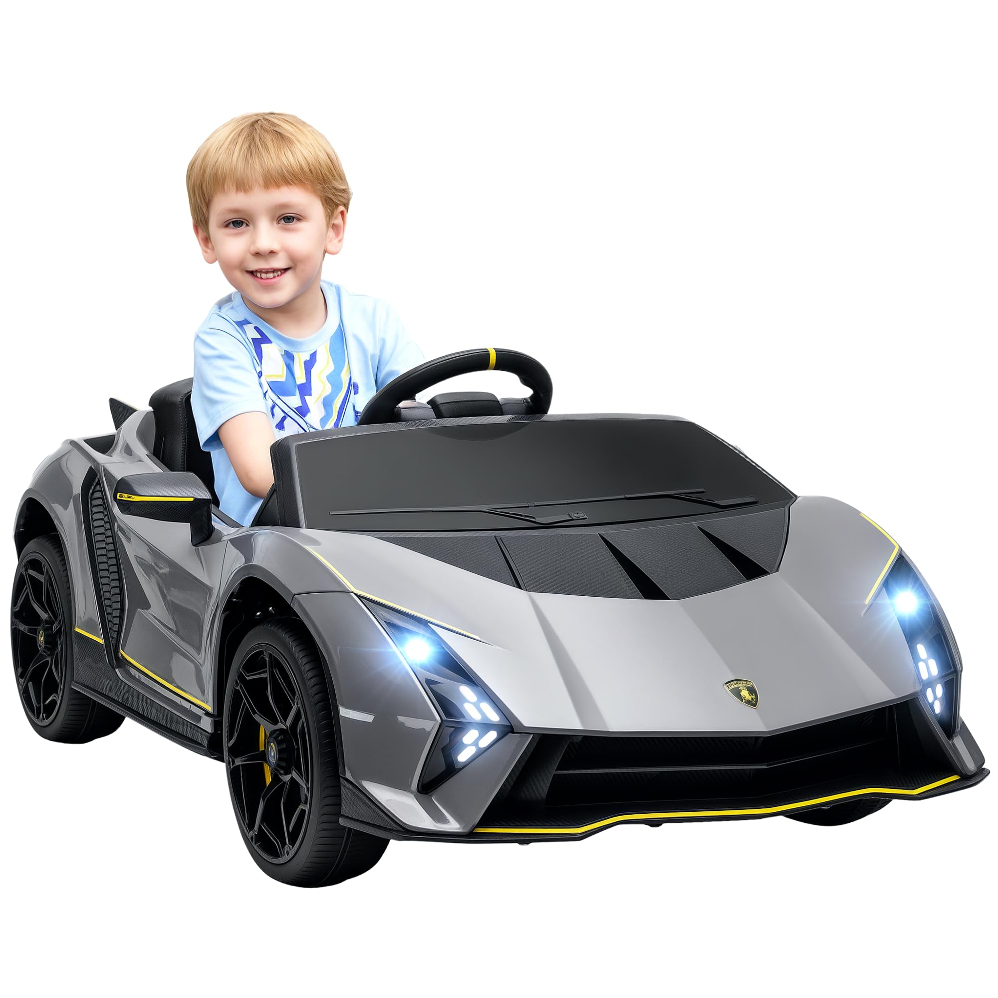 AIYAPLAY 12V Lamborghini Autentica Licensed Kids Electric Car with Butterfly Doors, Ride on Car with Remote Control, 4 Suspension Wheels, Soft Start, LED Lights, Music, Horn, Grey