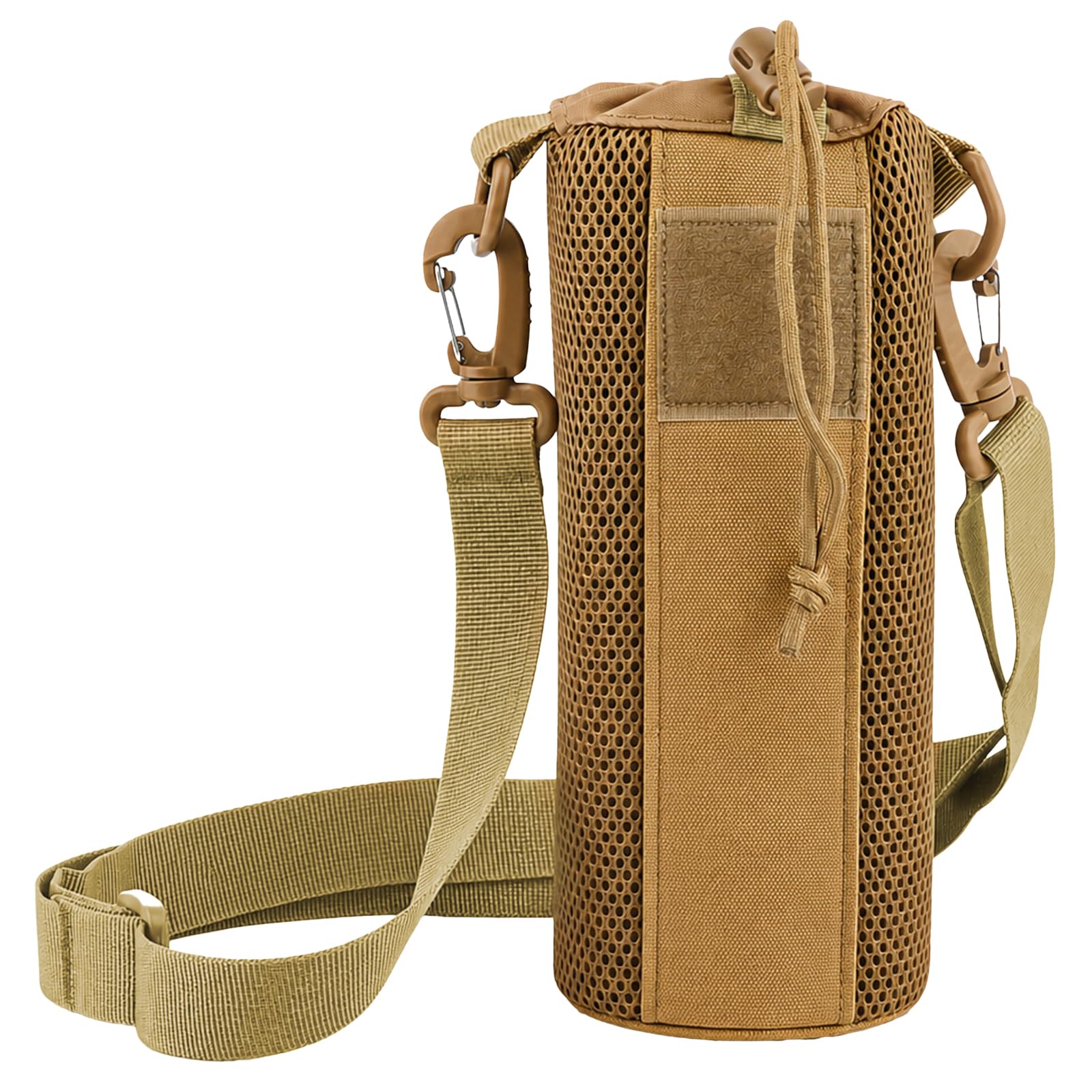 FOCUHUNTER Water Bottle Holder, Drawstring Tactical Bottle Pouch Bag, 600 D Oxford Mesh Water Bottle Bag with Molle Vertical Strap & Adjustable Shoulder Strap for Every Day Carry, 4"D x 10"H (Khaki)