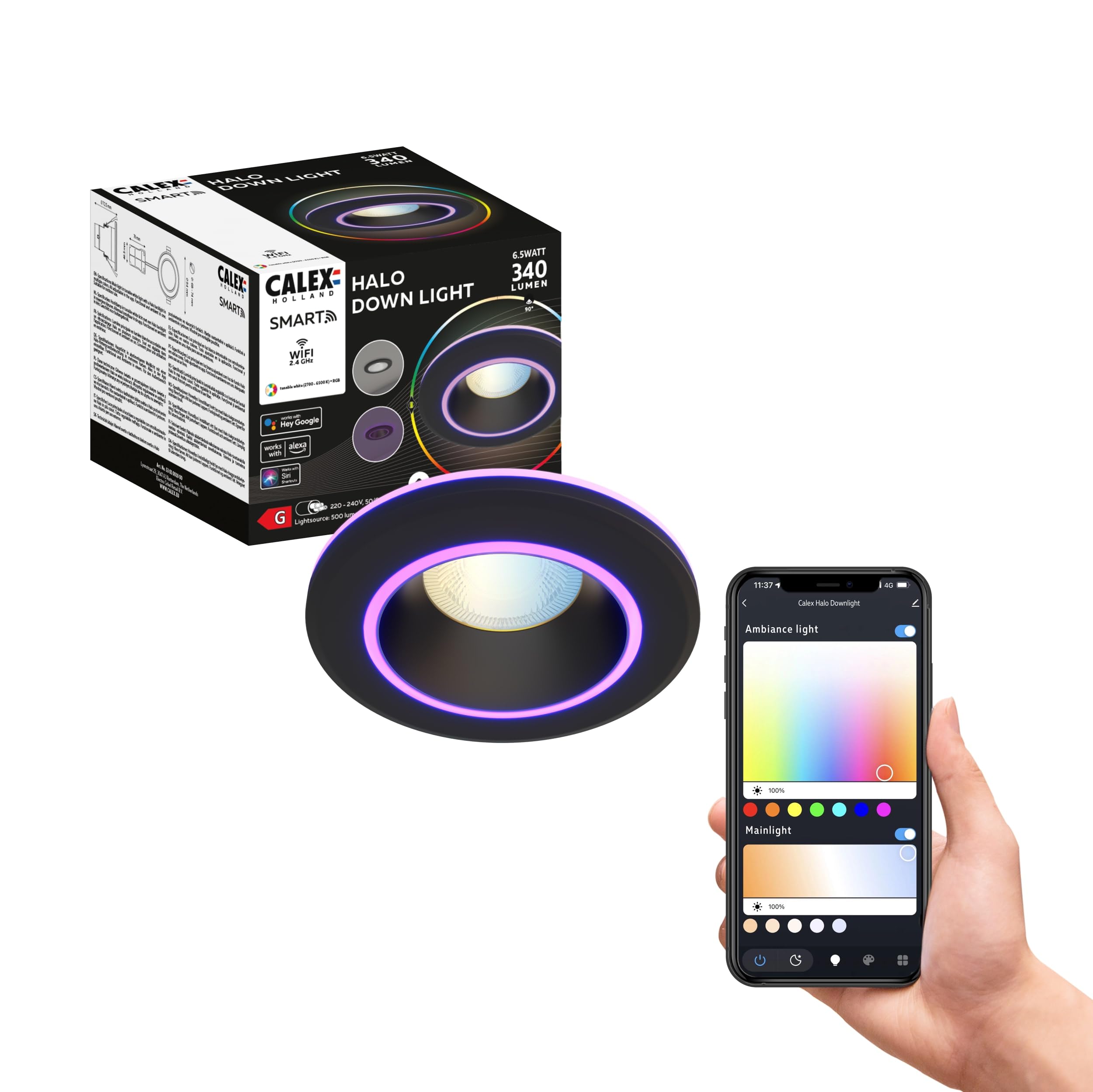 CALEX - Smart LED Halo Downlight, WiFi Ceiling Light, CCT 2700-6500K + RGB, App and Works with Amazon Alexa and Google Home, Dimmable, Black