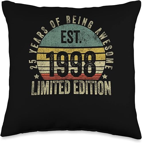 Retro Est 1998 Limited Edition Born in Gifts Vintage 25 Year Old Est 1998 Limited Edition 25th Birthday Throw Pillow, 16x16, Multicolor