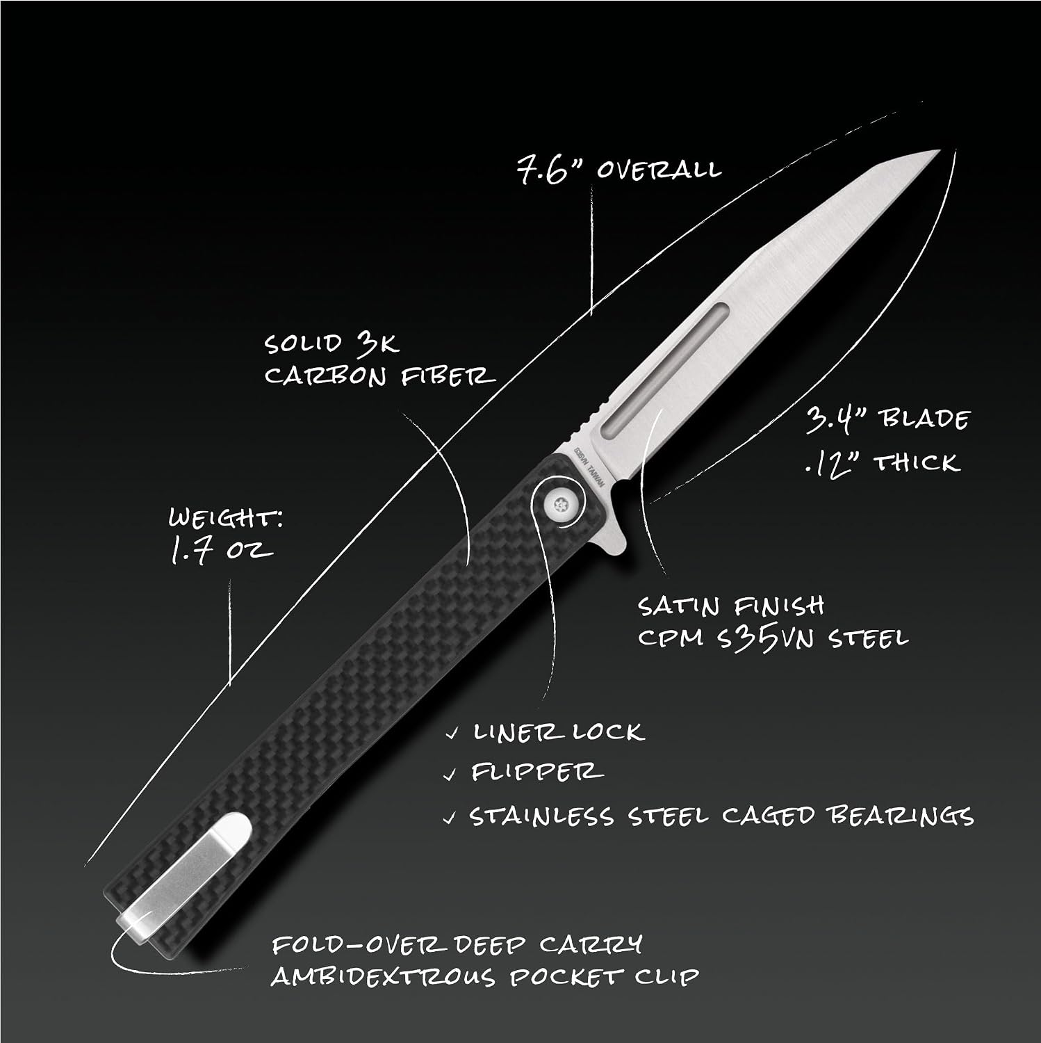 OCASO - Solstice Gentleman's Knife, 3.5" S35VN Steel, Titanium or Carbon Fiber, Ambidextrous Deep Carry Pocket Clip, Wharncliffe Blade 8WFS