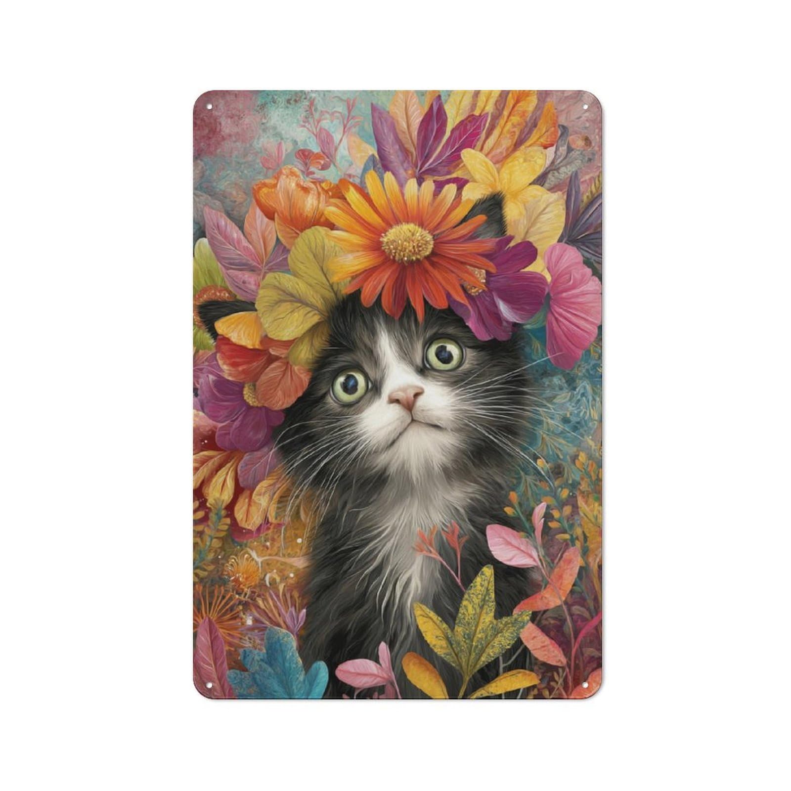 Junmoney Floral Feline Fantasy Retro-Style Metal Wall Sign 30X20cm For Pub Or Café, A New Home Present For Hospitality Wall Decor Collectors