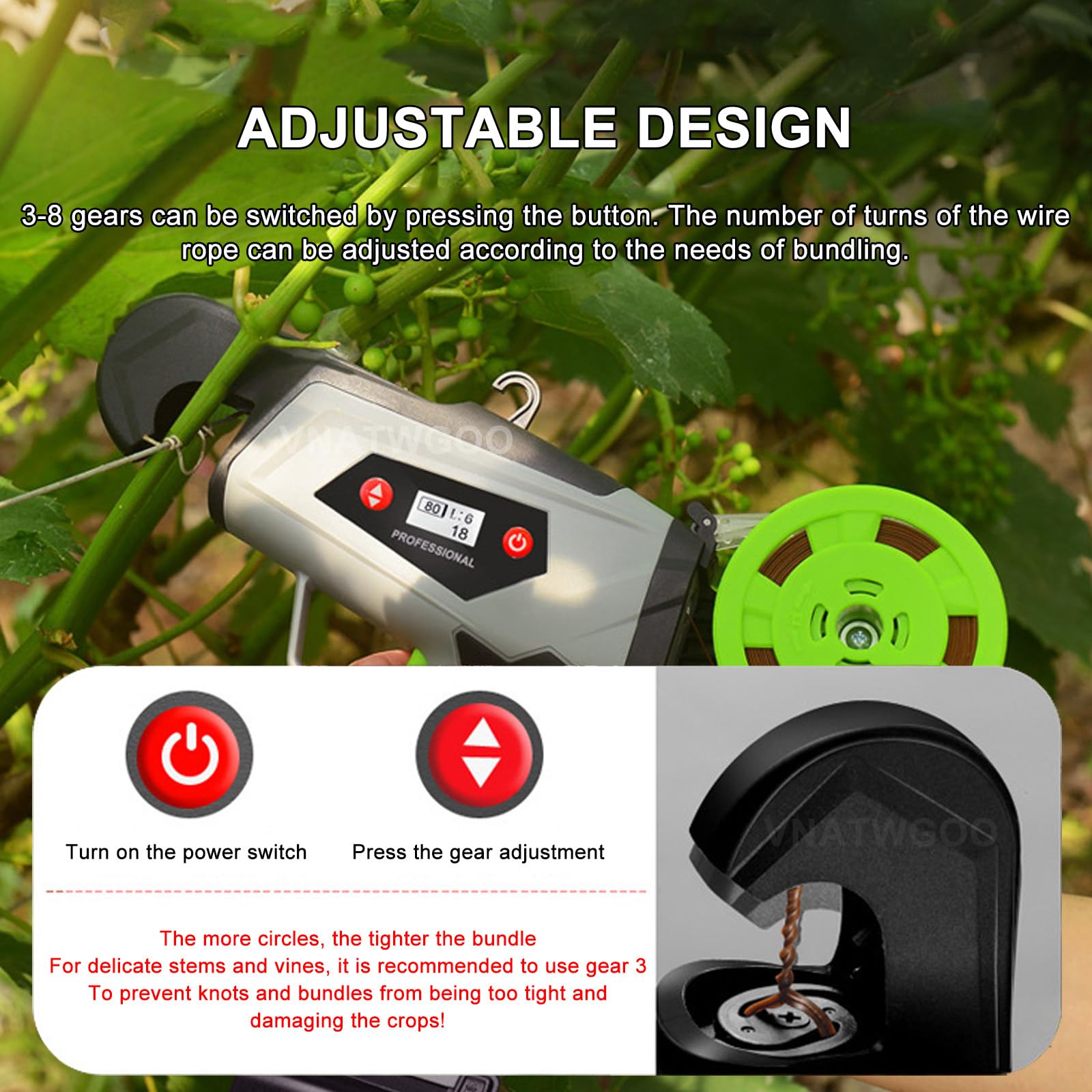 Legatrice per Piante con Display A LED, Legatrice per Viti Regolabile A Batteria per Kiwi, Strumento di Legatura Agricola Impermeabile E Ricaricabile