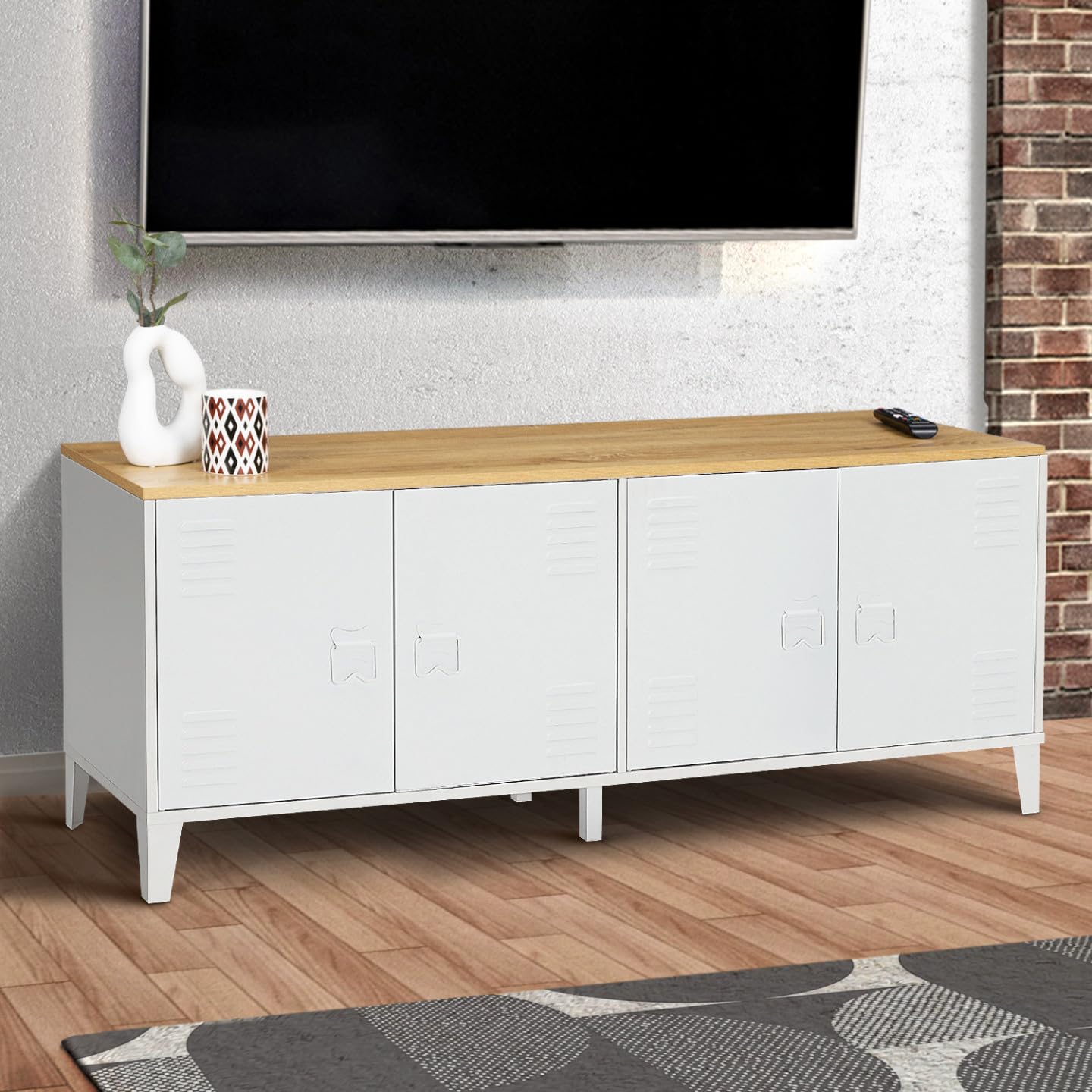 IDMarket - Buffet Bas 140 cm Ester 4 Portes métal Blanc Plateau Bois Design Industriel