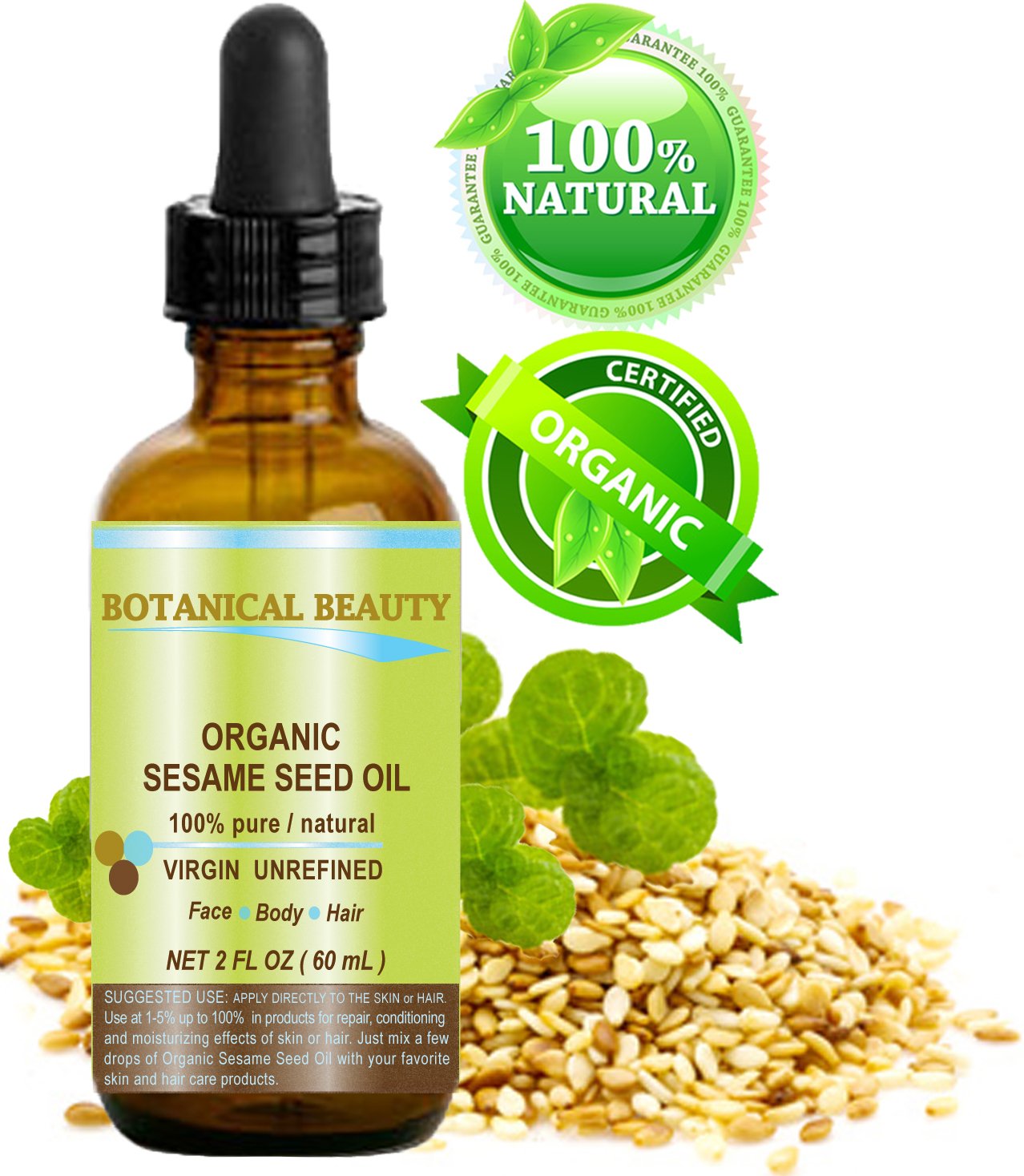 Botanical Beauty Organic SESAME SEED OIL 100% Pure Natural Virgin Unrefined Undiluted Cold Pressed Carrier Oil for Face, Skin, Body, Hair, Massage, Nails. 2 Fl. oz - 60 ml