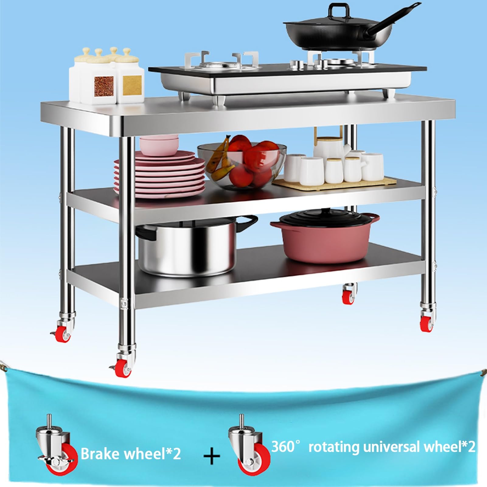 Mesa de Trabajo Acero Inoxidable, Mesa de Catering Comercial de Acero Inoxidable, Mesa de Preparación Resistente con 4 Ruedas, Banco de Trabajo de Chef for Restaurante(3layer,120x60x80cm)